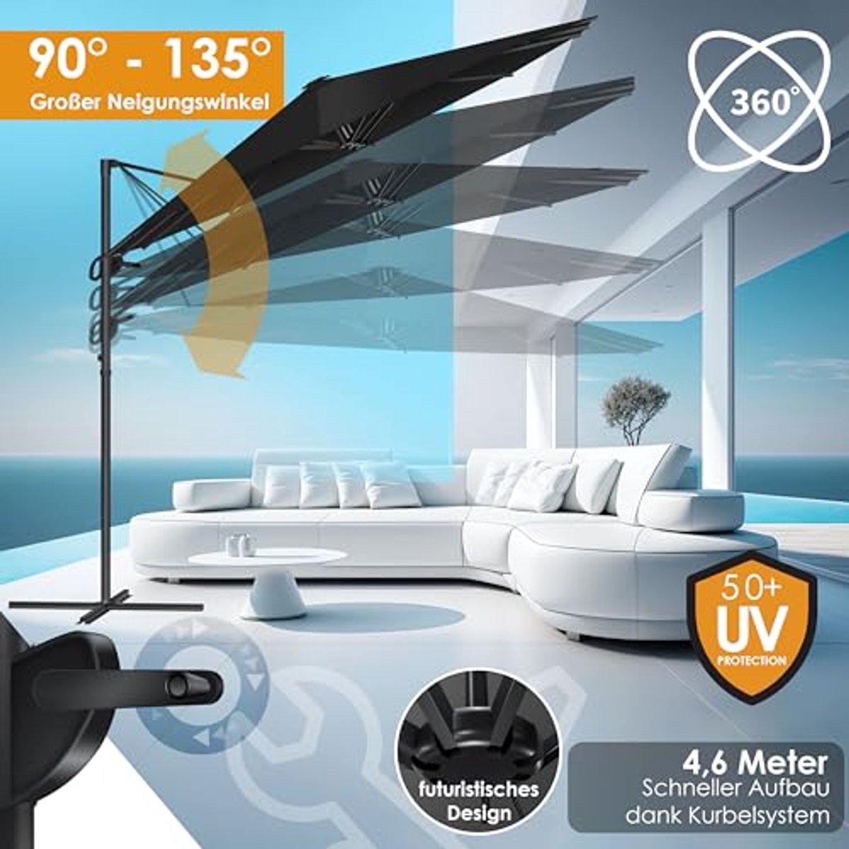 Dubbele Parasol 4,6m x 2,7m | Zweefparasol met beschermhoes, windscherm, en 360° draaibaar ontwerp (6154015252252)