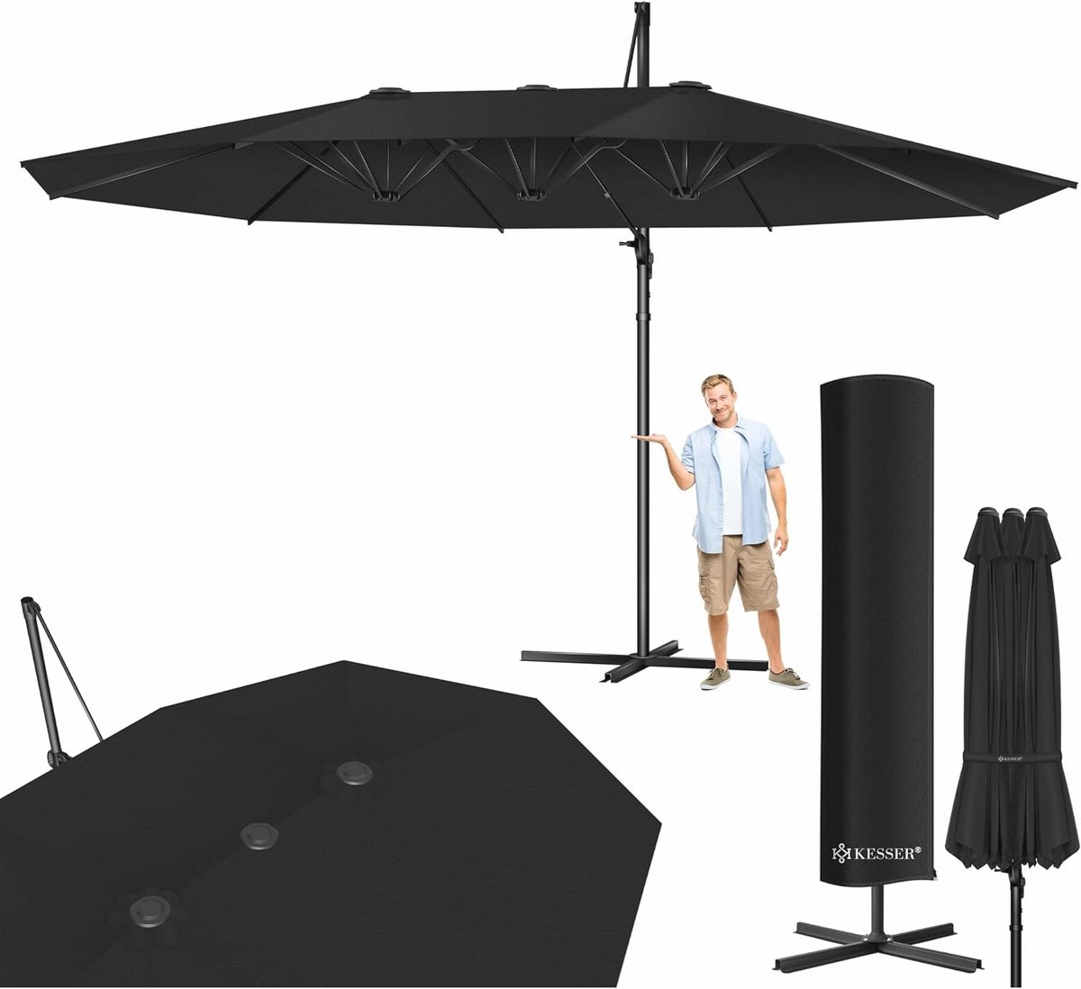 Dubbele Parasol 4,6m x 2,7m | Zweefparasol met beschermhoes, windscherm, en 360° draaibaar ontwerp (9101039393574)