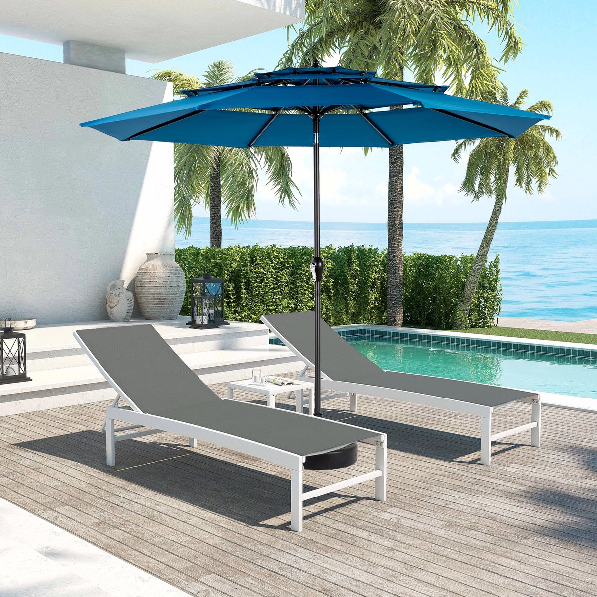 Dubbele Parasol ROLIPO - Rechthoekige Tuinparasol met Handslinger - Grote Stokparasol - UV-werend en Waterafstotend - Stalen Frame met 12 Baleinen - Donkerblauw - Voor Terras, Tuin en Zwembad - Zonder Voet- 450x270 cm (0785366494822)