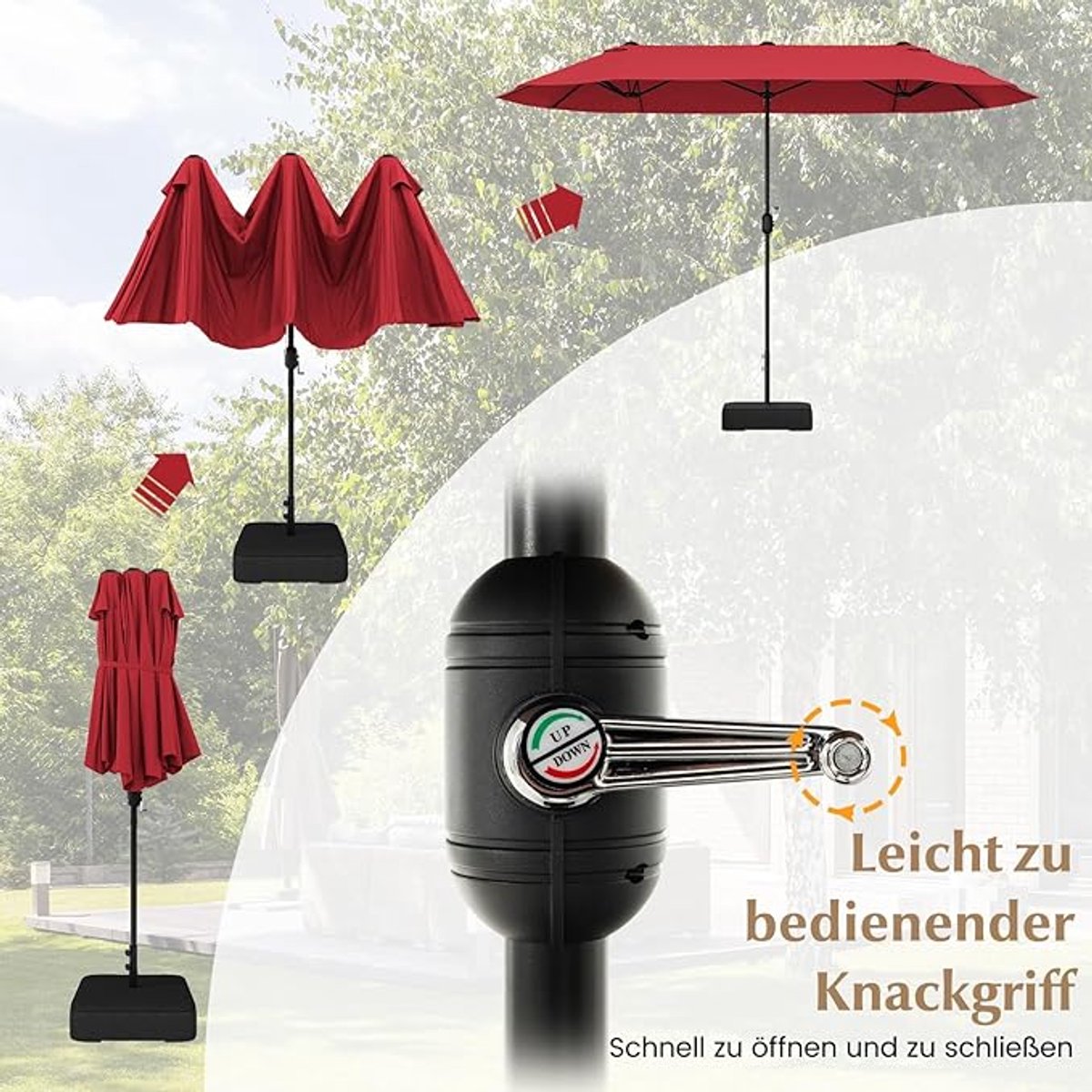 Dubbelzijdige Zweefparasol 396 x 201 cm met Zwengel, Kantelbaar & Ventilatie - UV-bestendig, Windbestendig, Inclusief Vulbare Kruisvoet - Mobili Bella (9509964434339)