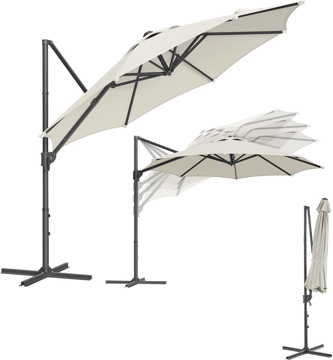 Elegante 300 cm Cantilever Zweefparasol met UPF 50+ Zonbescherming en 360° Draaibare, Traploos Verstelbare Kantelhoek - Inclusief Crank en Kruisvoet - Crèmewit (9508388164969)