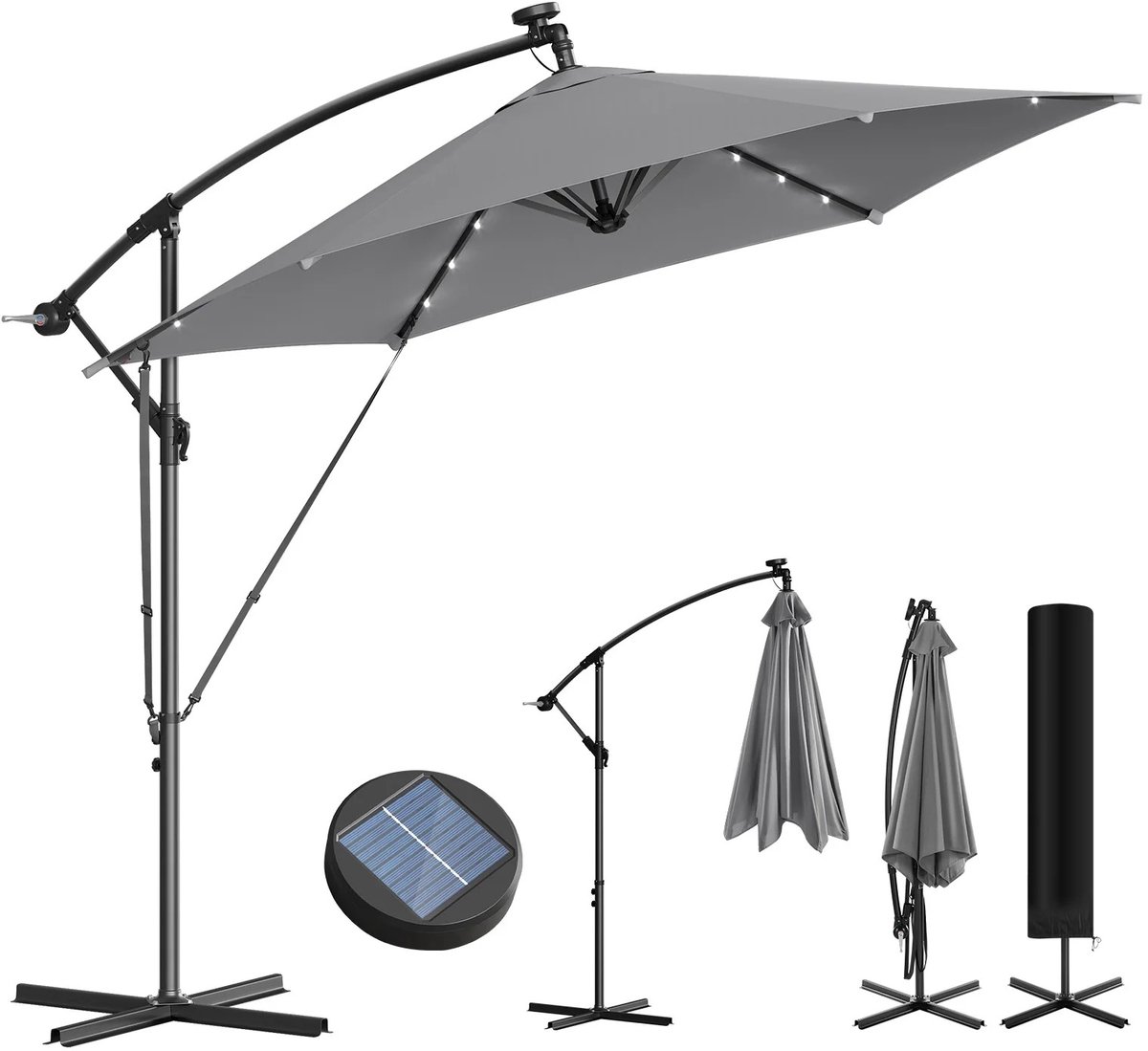 Evaux Boutique Parasol - Zweefparasol met voet - 3,5 x 3,5 m - Draaibare tuinparasol met LED-Verlichting op zonne-energie - Waterafstotend polyester met hoge UV-Bescherming - Inclusief hoes - Antraciet (8721617460033)