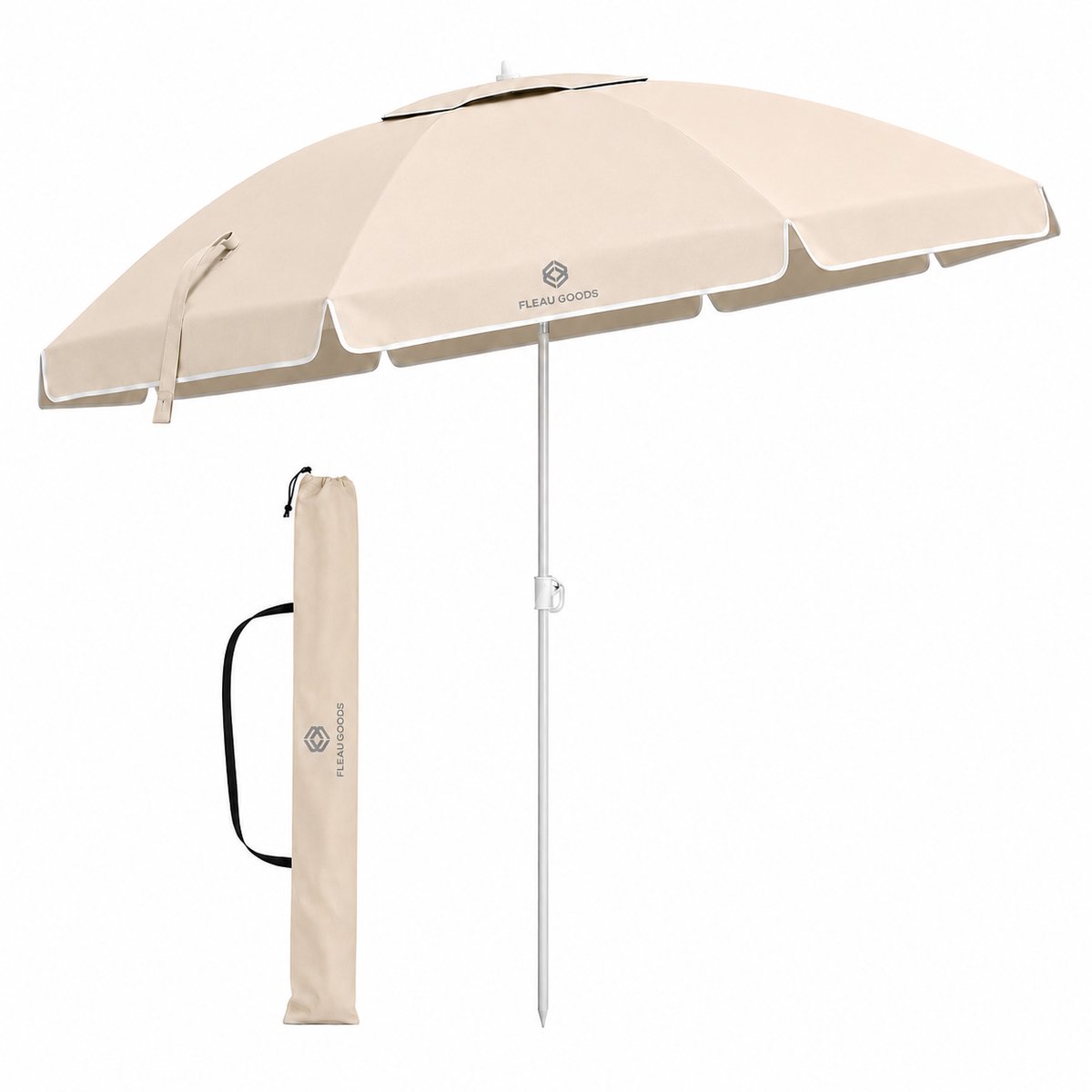 Fleau Goods Strandparasol - Parasol Strand / Tuin - Diameter 180 cm - Verstelbaar - UV Bescherming - Stokparasol - Tuinparasol - Met Draagtas - Beige (8720648892875)
