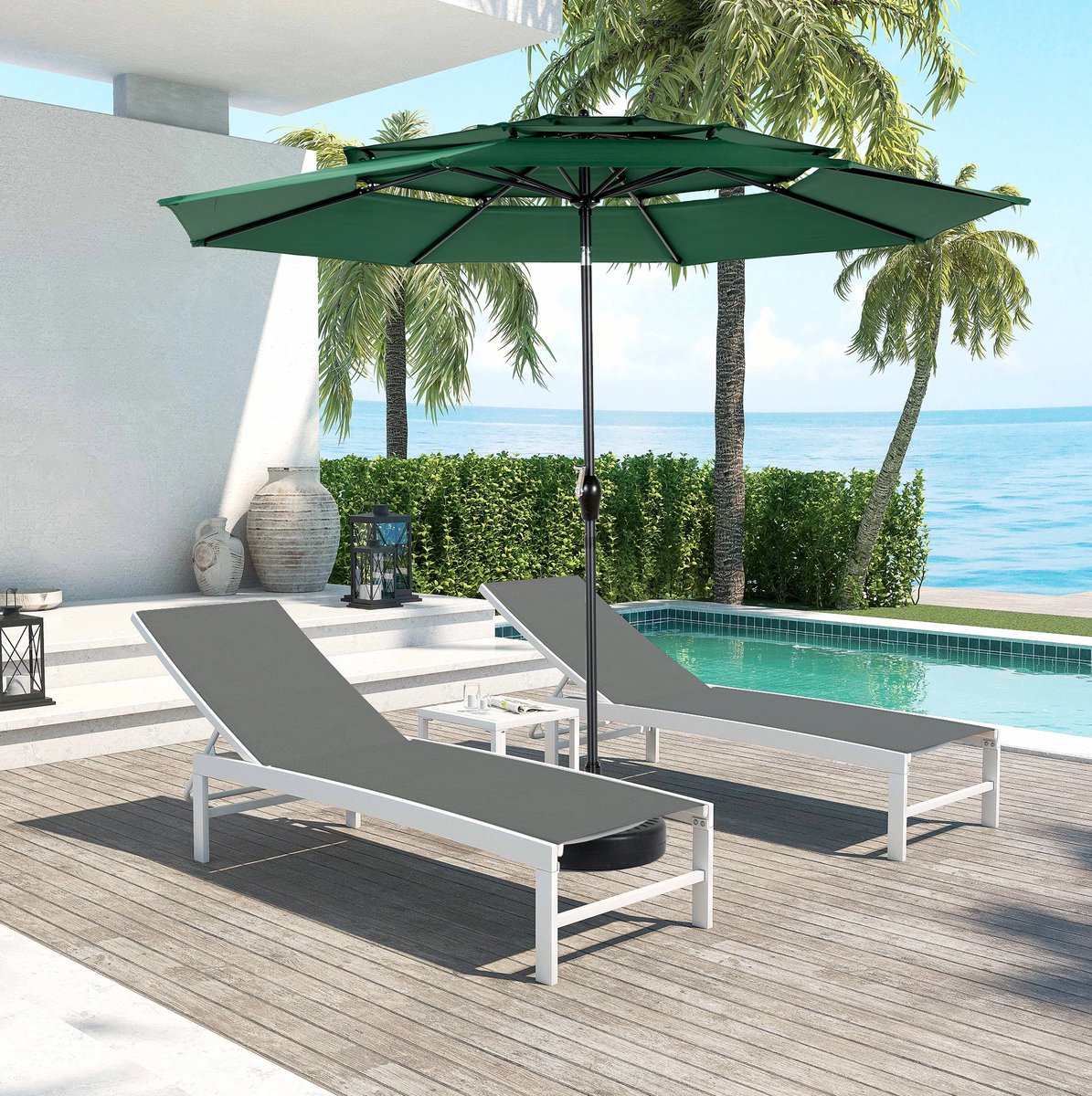 FloraGrace Stokparasol 294 Cm Kantelbaar Donkergroen Staal Polyester Voor Tuin Terras En Zwembad Met Zwengelmechanisme (4071258098732)