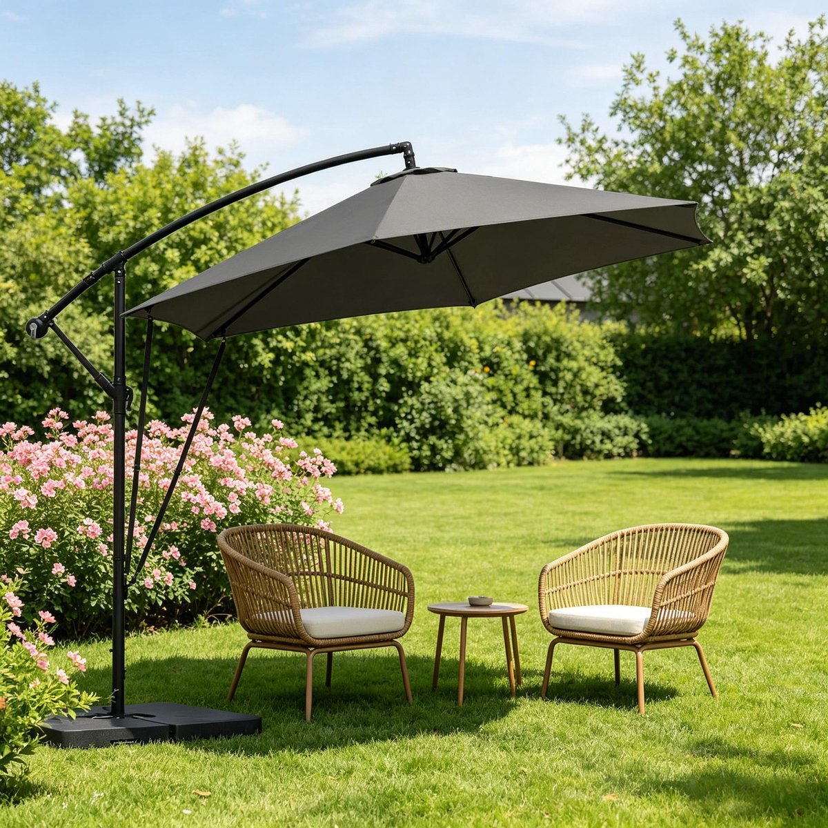 FloraGrace Zweefparasol 310X310 Cm Kantelbaar Met Kurbel Mechanisme Metalen Frame Donkergrijs Voor Tuin En Terras Met Beschermhoes (4071258342071)