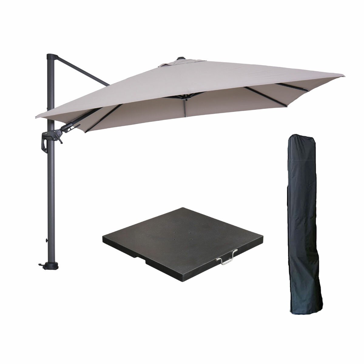Garden Impressions Hawaii zweefparasol 300x300 cm carbon black / zand met 90kg black polished parasolvoet en parasolhoes (8721552305819)