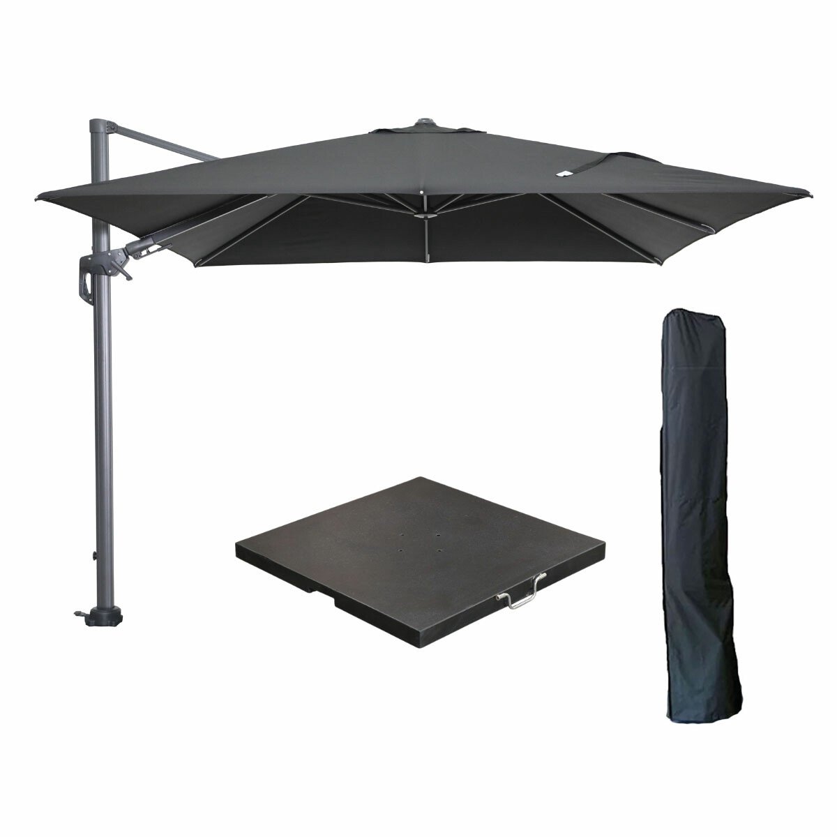 Garden Impressions Hawaii zweefparasol 300x300 cm carbon black / zwart met 90kg black polished parasolvoet en parasolhoes (8721552305802)
