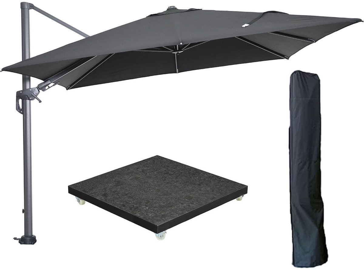 Garden Impressions Hawaii zweefparasol 300x300 cm carbon black / zwart met 90kg royal antraciet parasolvoet en parasolhoes (8721552305727)