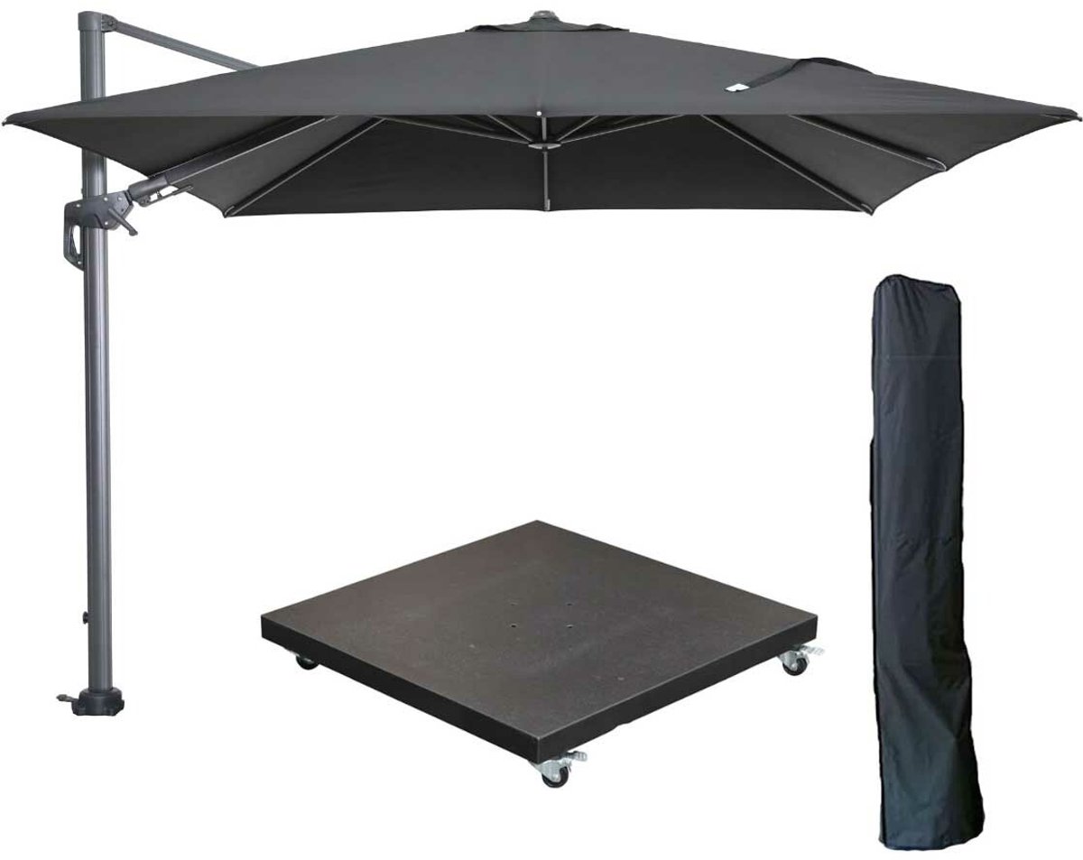 Garden Impressions Hawaii zweefparasol 300x300 cm carbon black / zwart met 90kg verrijdbare parasolvoet en parasolhoes (8721552305888)