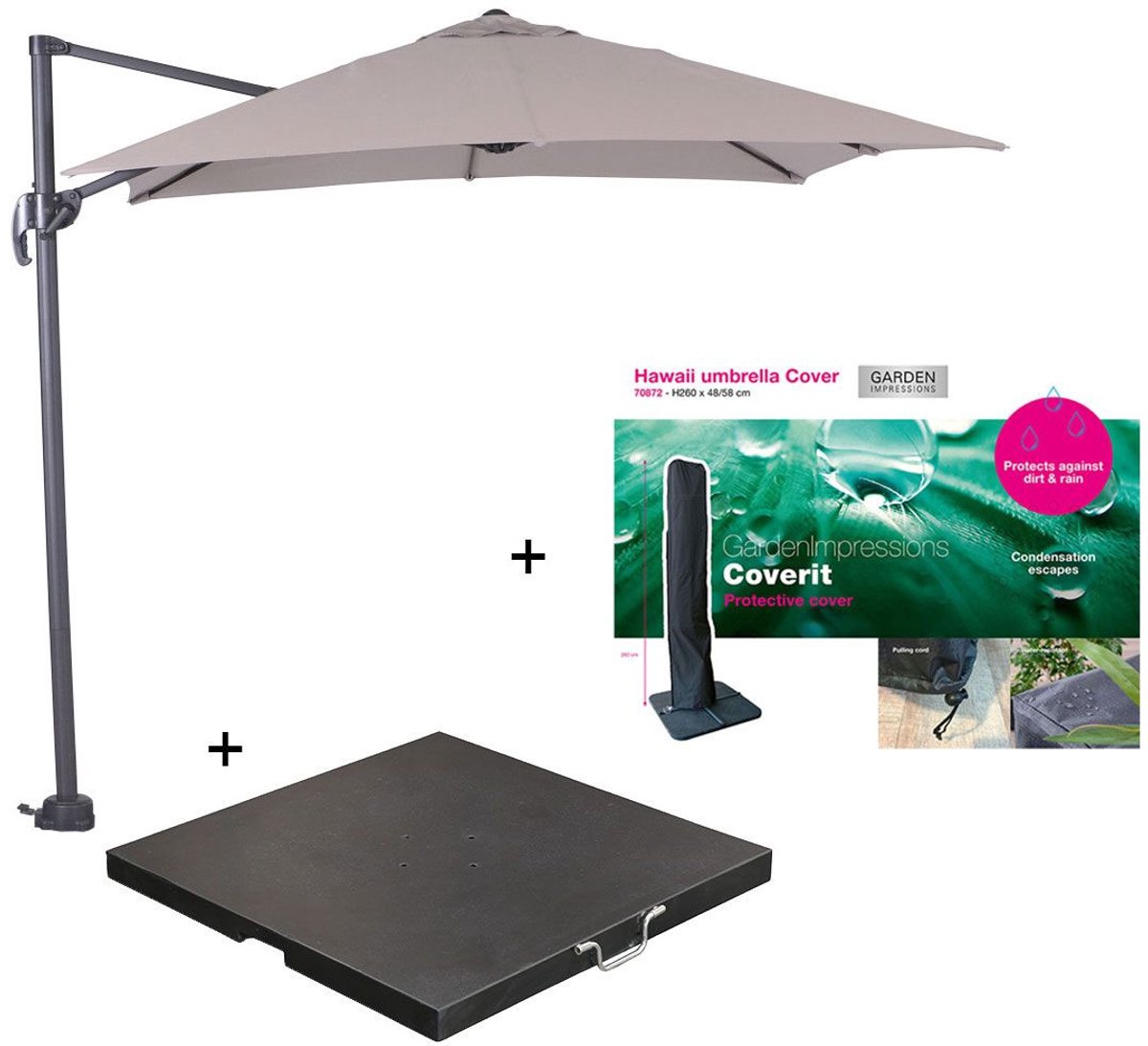 Garden Impressions Hawaii zweefparasol S 250x250 - donker grijs/zand met 60 kg parasolvoet en parasolhoes (8721552306595)
