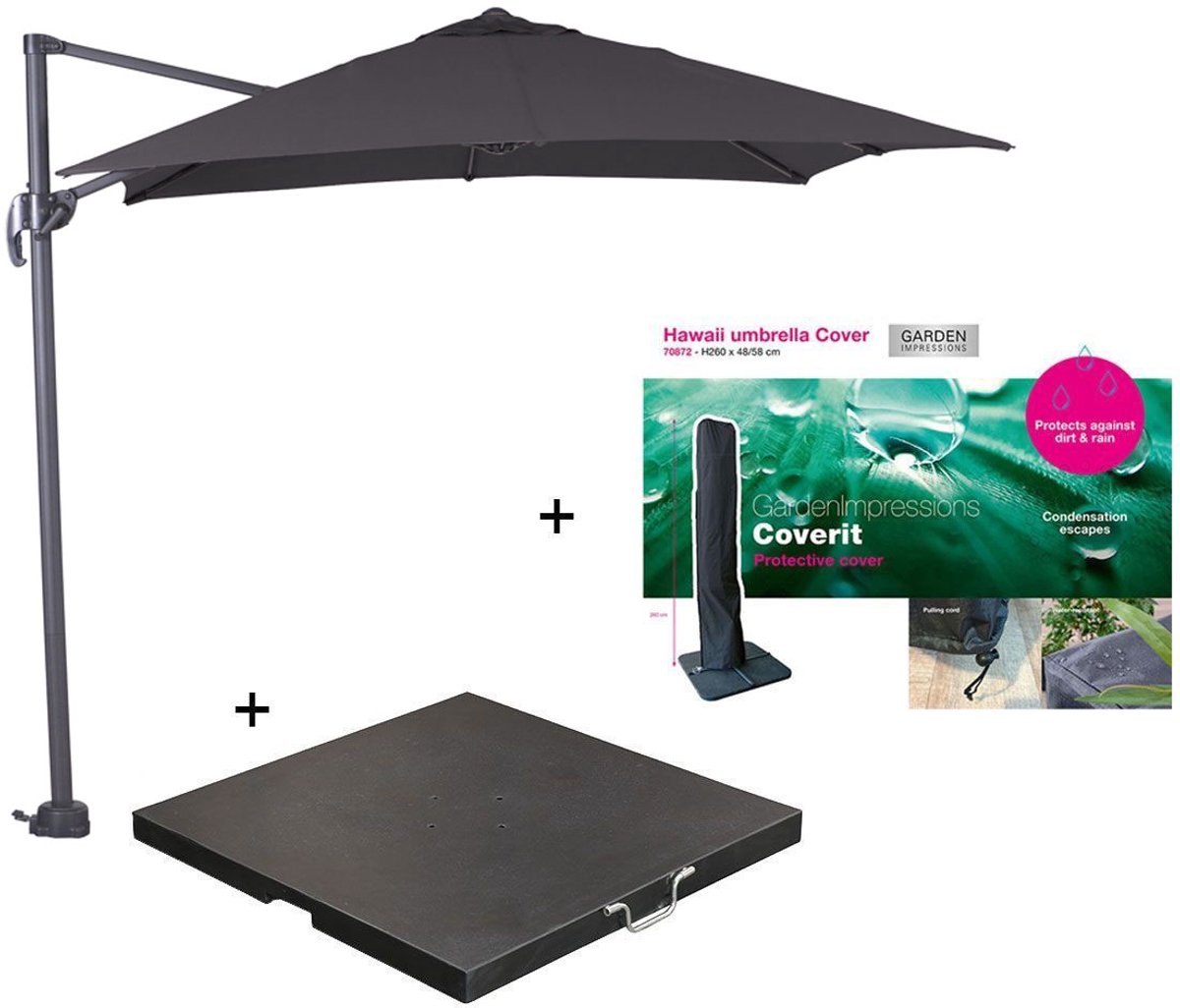 Garden Impressions Hawaii zweefparasol S 250x250 - donker grijs/zwart met 60 kg parasolvoet en parasolhoes (8721552306588)