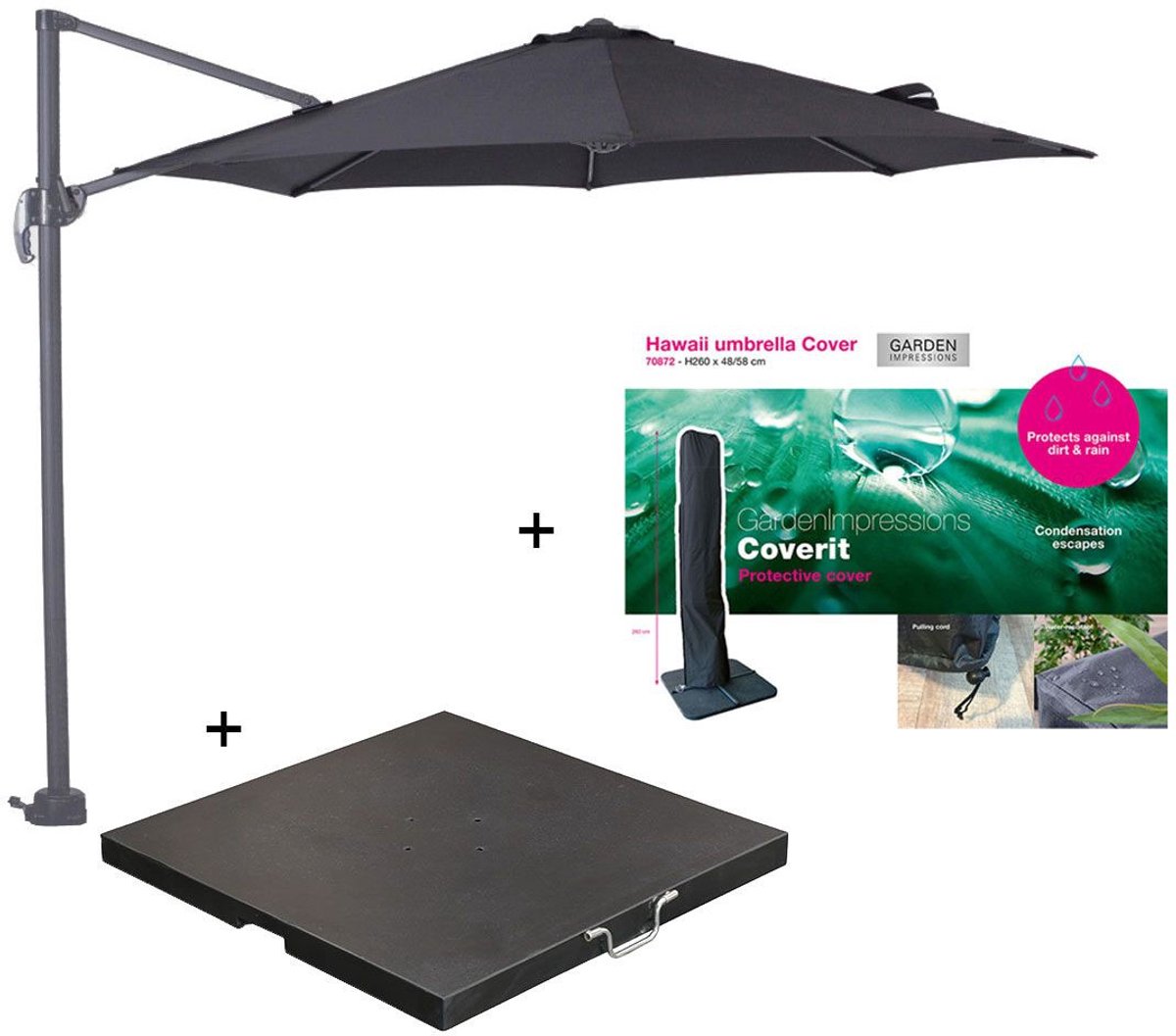 Garden Impressions Hawaii zweefparasol S Ø300 - donker grijs/zwart met 60 kg parasolvoet en parasolhoes (8721552306533)