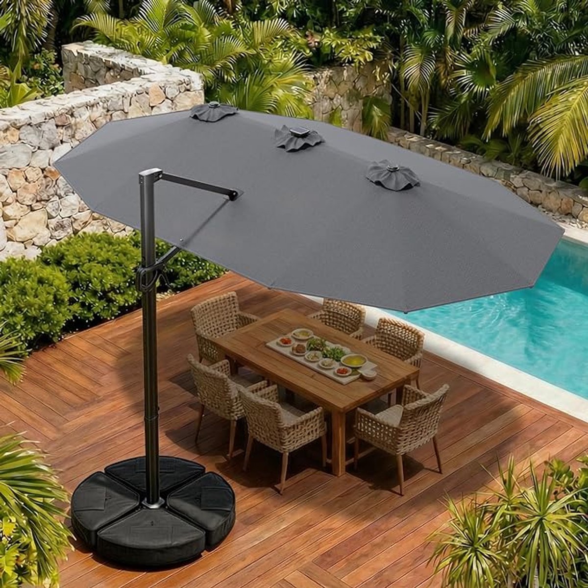 GrandLux XL Cantilever Zweefparasol 4,5m - Rechthoekig Dubbel Dak met Solar LED-Verlichting, 360° Draaibaar, Inclusief Kruisvoet & Zandzak (450 x 270 cm) (9503137416221)