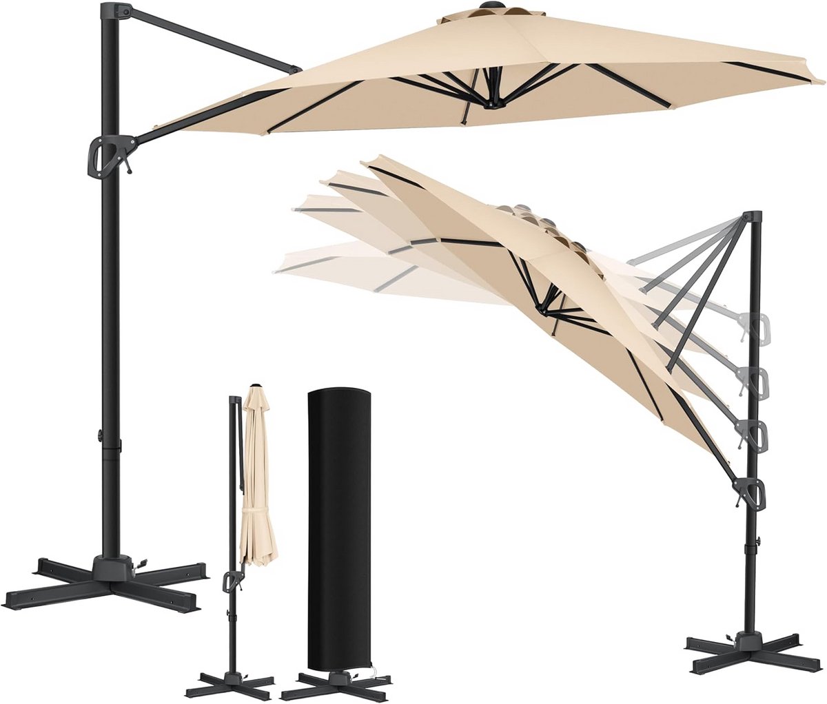 Grote Ronde Zweefparasol Ø330 cm met Voet - 360° Draaibaar en Verstelbaar Scherm (9101096121622)