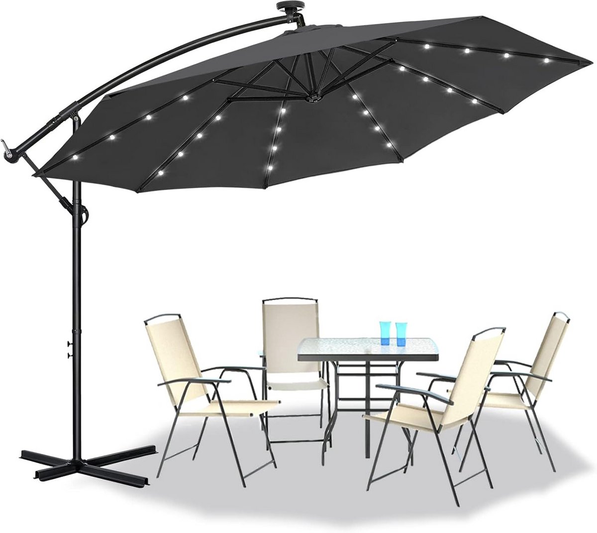 Grote Zweefparasol 300cm met Zwengel en Solar LED voor Tuin en Terras (9101105656763)