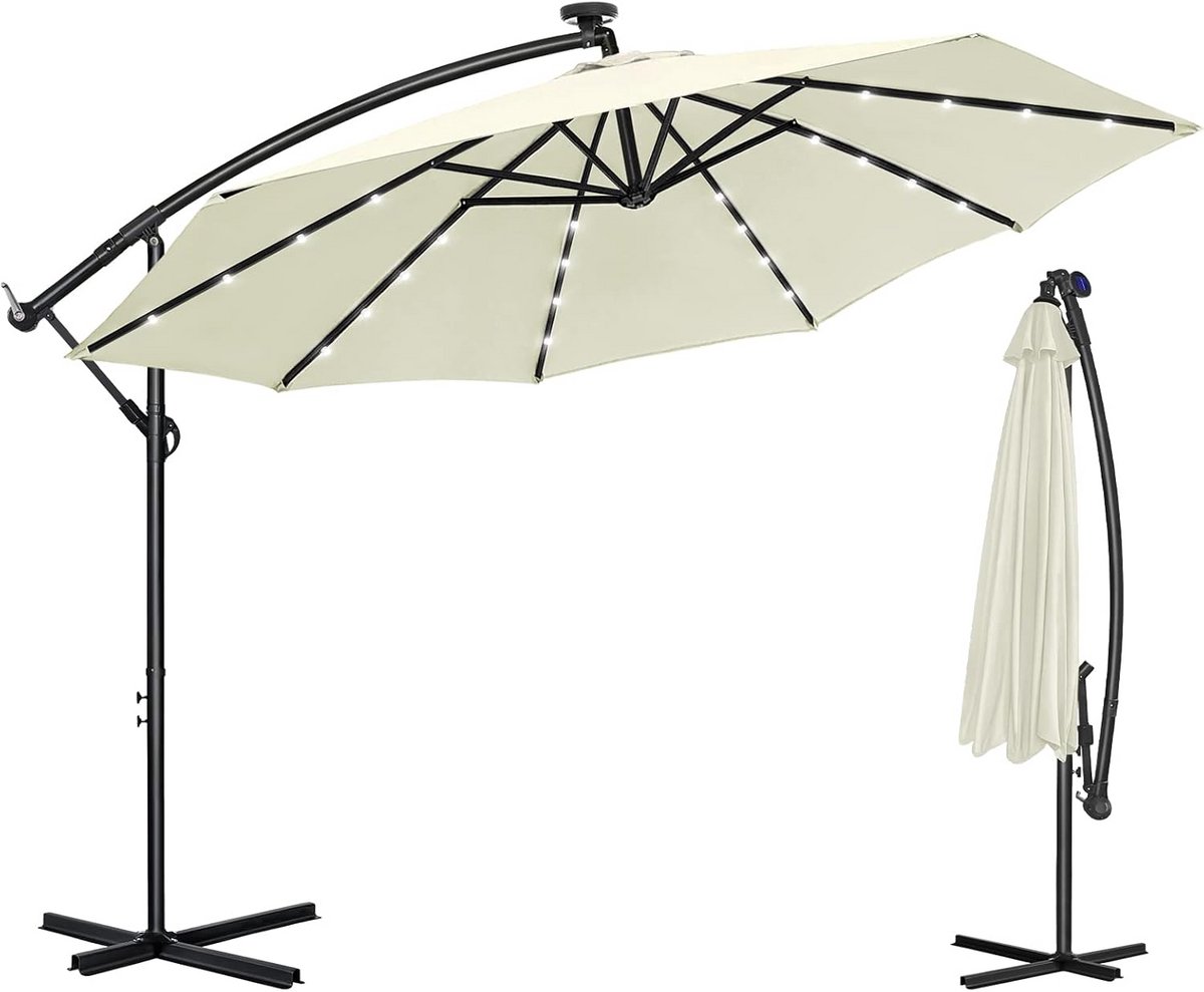 Grote Zweefparasol Aluminium Ø300cm met LED Verlichting op Zonne-energie en Kruisvoet (9101104552974)