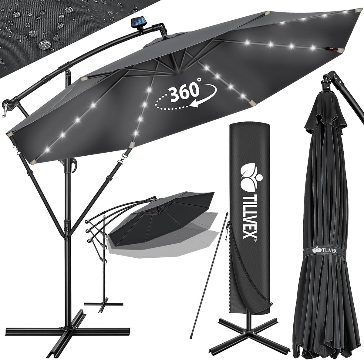 Grote Zweefparasol Alumium met Solar LED, Ø 300 cm, Inclusief Voet en Hoes (9101030866909)