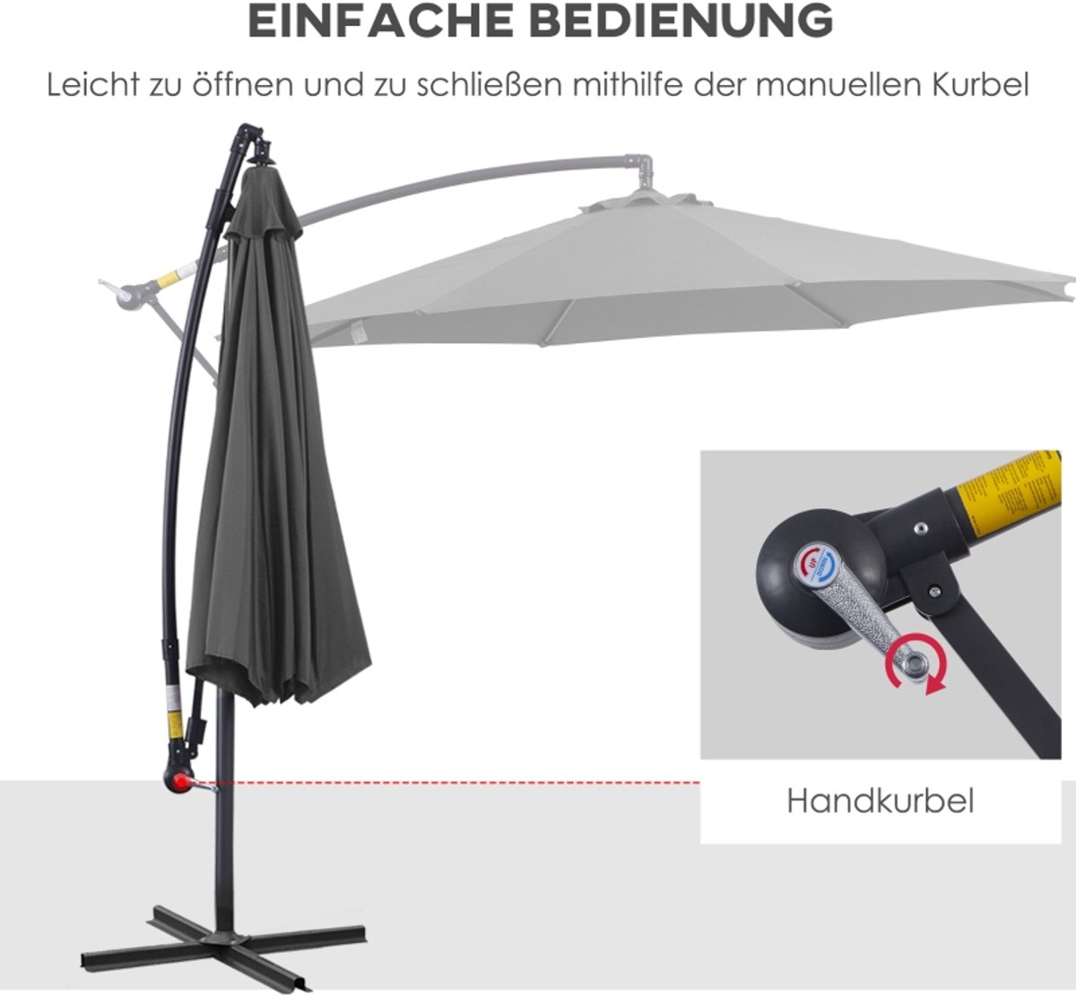 HAUSS SPOLE Zweefparasol - Grote Schaduwzone - Polyester - Grijs - Met Handslinger Voor Tuin, Terras En Balkon (4070868159499)