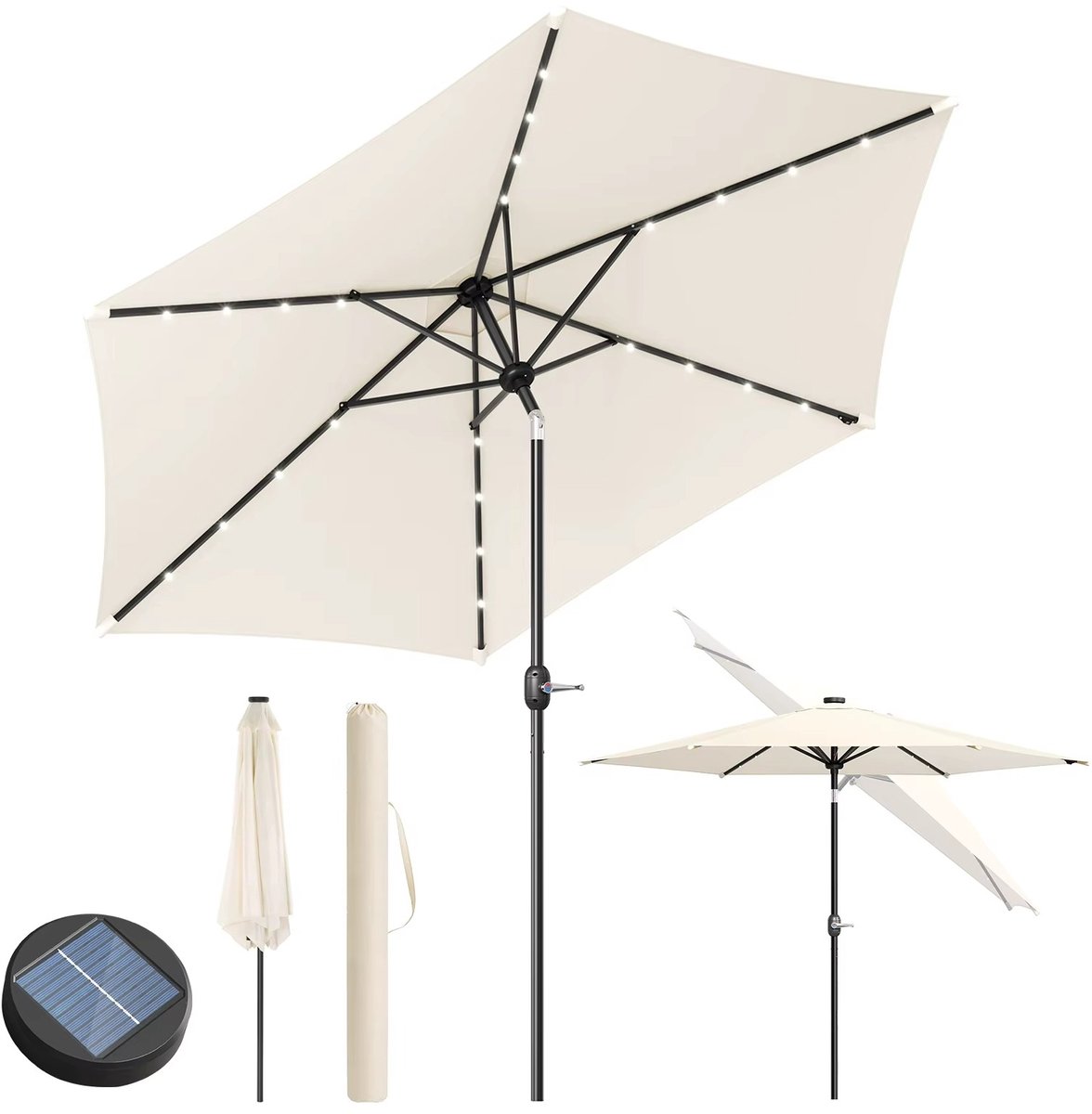 HHHK - Parasol - Met Led - Beige - 292x247cm - Solar - Stokparasol - Strandparasol - Kantelbaar en Verstelbaar - Waterdicht - Rond (9507633957929)