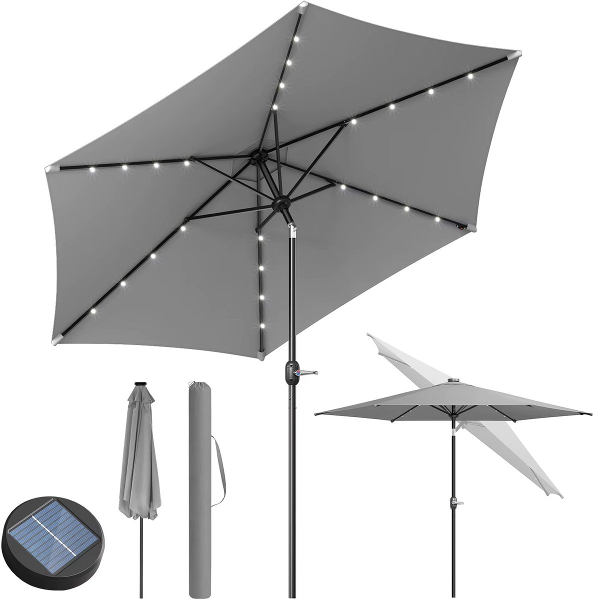 HHHK - Parasol - Met Led - Grijs - 292x247cm - Solar - Stokparasol - Strandparasol - Kantelbaar en Verstelbaar - Waterdicht - Rond (9502288677789)