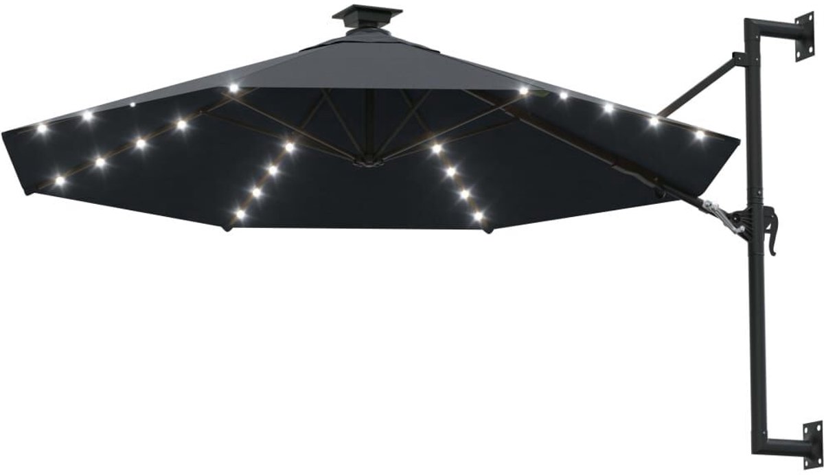 HHHK - Wandparasol - Muurparasol - Antraciet - Met Led verlichting en Solar - 300x120cm - Zweefparasol - Hangparasol - Muurmontage (9504319253375)