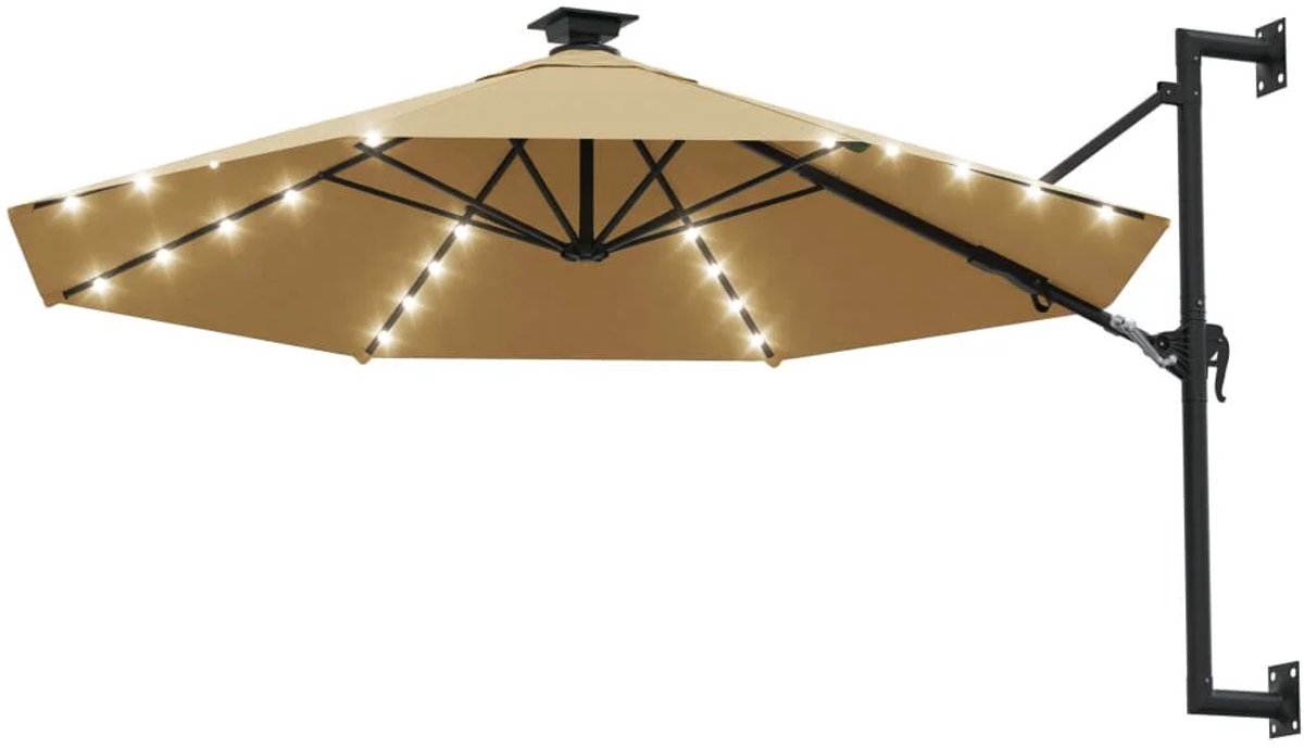HHHK - Wandparasol - Muurparasol - Taupe - Met Led verlichting en Solar - 300x120cm - Zweefparasol - Hangparasol - Muur Montage (9509721838394)