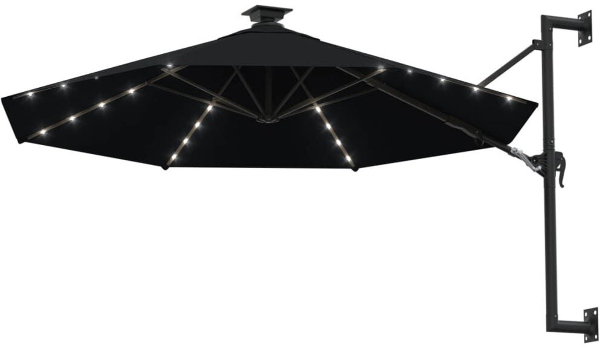 HHHK - Wandparasol - Muurparasol - Zwart - Met Led verlichting en Solar - 300x120cm - Zweefparasol - Hangparasol - Muur Montage (9505449295365)