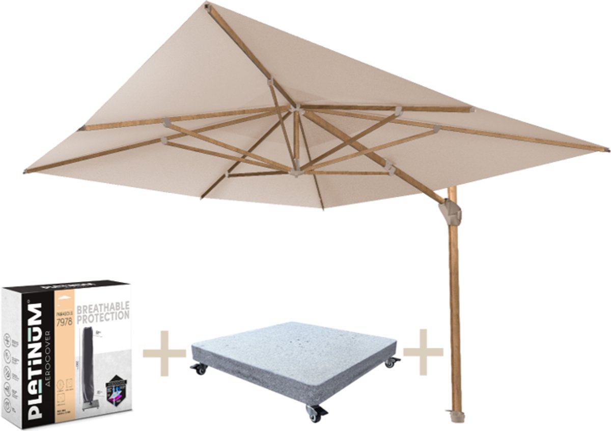 Hacienda zweefparasol 300x400 cm houtlook zand 4 Seasons Outdoor met 170 KG voet en hoes (8720848330313)