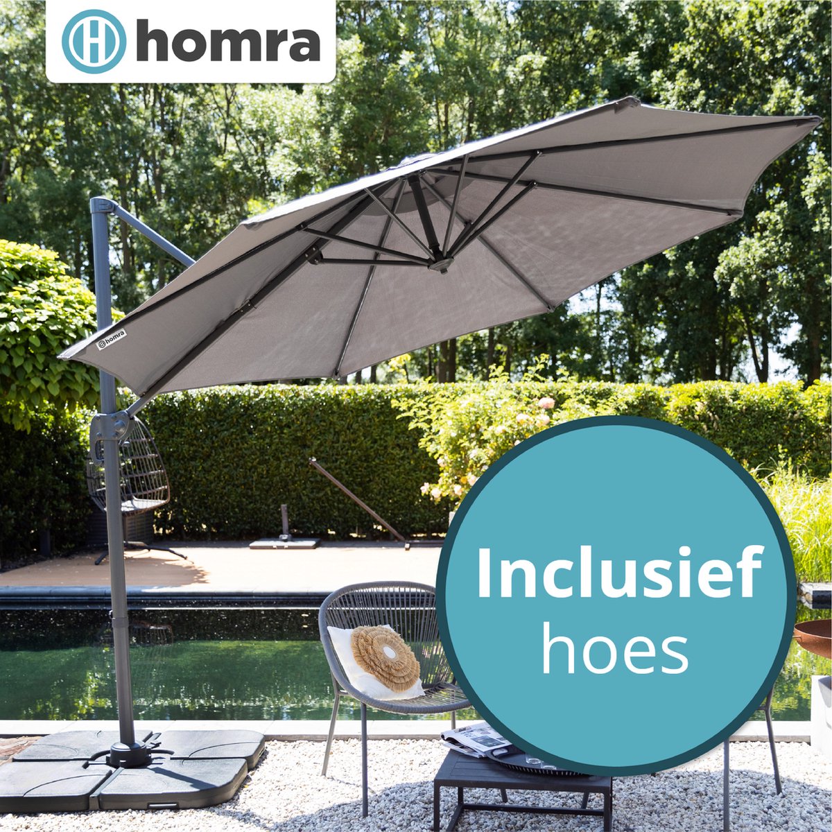 Homra Parasol met Voetpedaal - Stabiele Zweefparasol Luxe uitvoering - Ø300 cm - Draai- en Kantelbaar - Inclusief beschermhoes om makkelijk op te bergen en kruisvoet - Grijs (8720246685107)