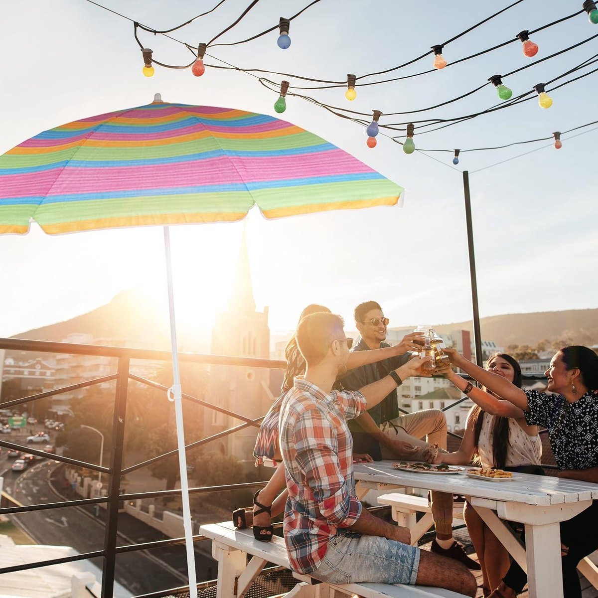 Hoogte verstelbare strandparasol gestreept SPF 50+ 210-170 cm tuin stokparasol kleurrijk (9503941261871)