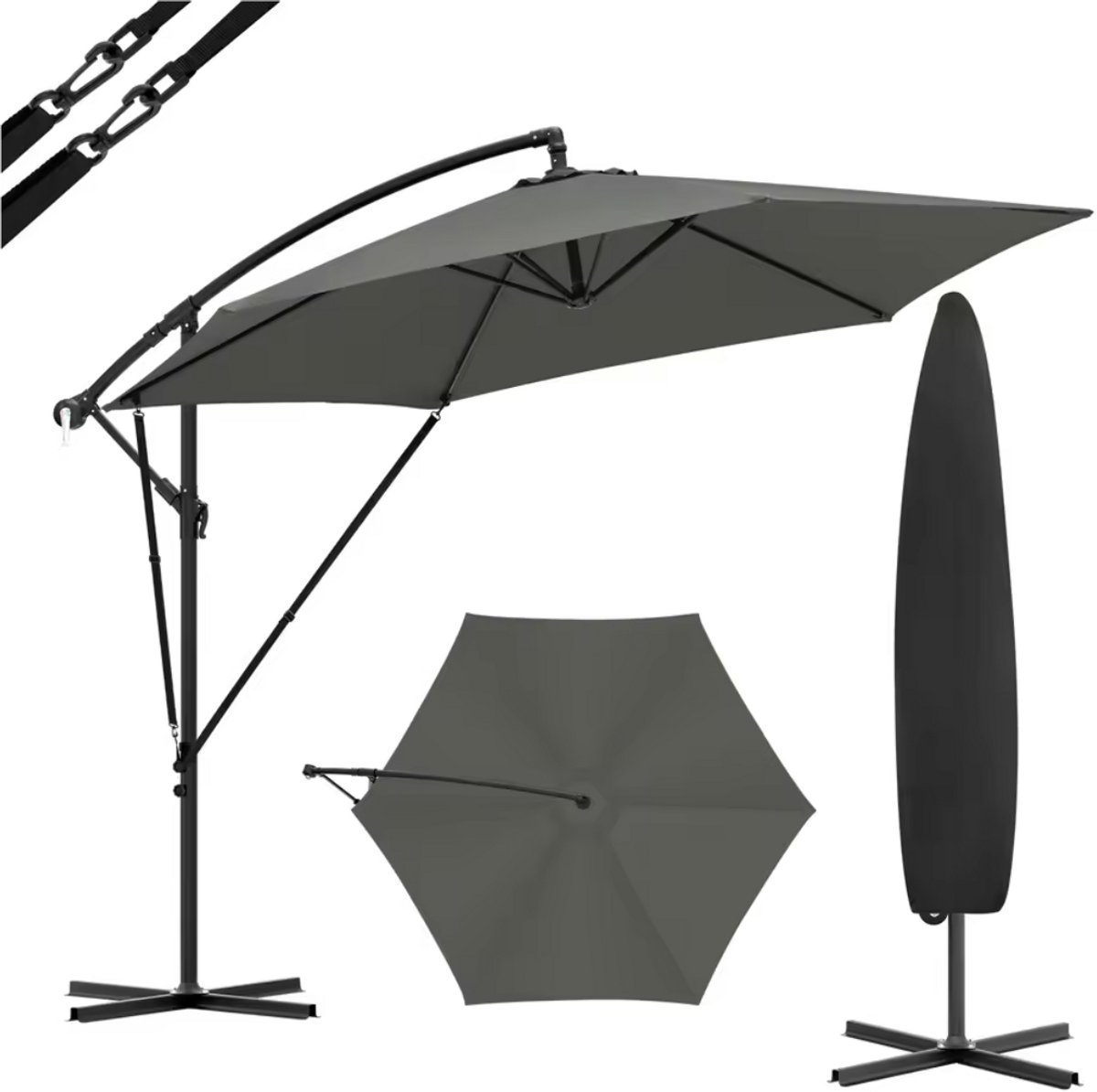 J&R Parasol - Kantelbare parasol - Tuinparaplu - Tuin parasol - Grote parasol - Zweefparasol - Verstelbaar - 310x310cm - Donkergrijs - Grijs (8721352959618)
