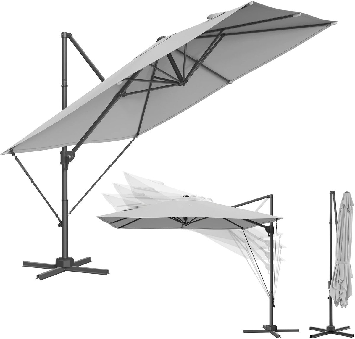 Joorly Parasol - Zweefparasol - Parasol met Voet - UV-bescherming - 360° Draaibaar en Verstelbare Hoek - RVS - 270x270x280 cm - Grijs (6155918269217)