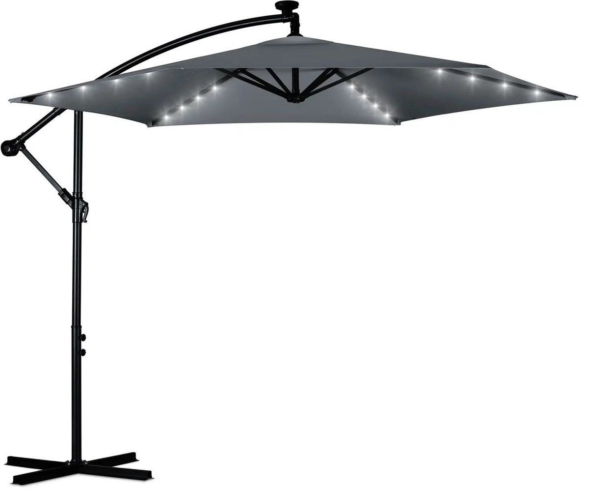 Jurrys Parasol - Zweefparasol - Schaduwdoek - Tuinparasol - Inclusief verlichting - Complete set - Polyester - Grijs - 300cm (8721284941309)