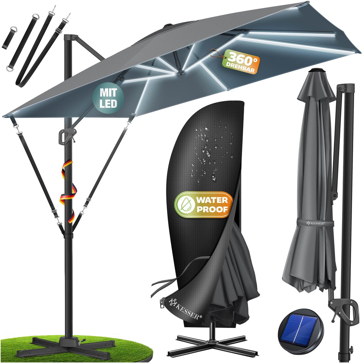 KESSER® Zweefparasol met LED Solar Verlichting en voet 300cm x 300cm - Parasol 360° Draaibaar Inclusief Beschermhoes UV50+ Tuinparasol Zonne-energie - Antraciet (4260729116116)