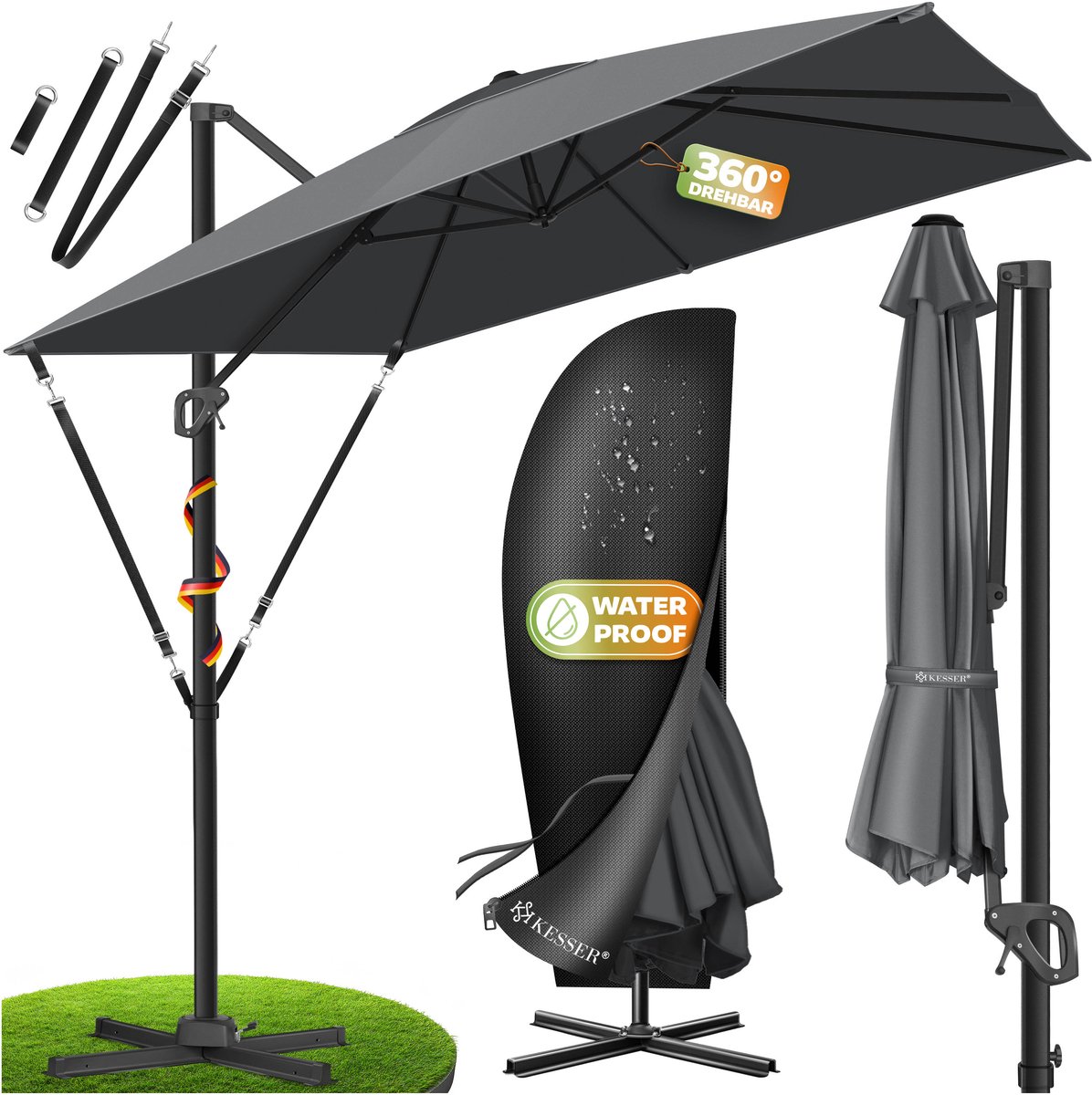 KESSER® Zweefparasol met voet 300cm x 300cm - Parasol 360° Draaibaar Incl. Beschermhoes UV50+ Tuinparasol - Antraciet (4260729116086)