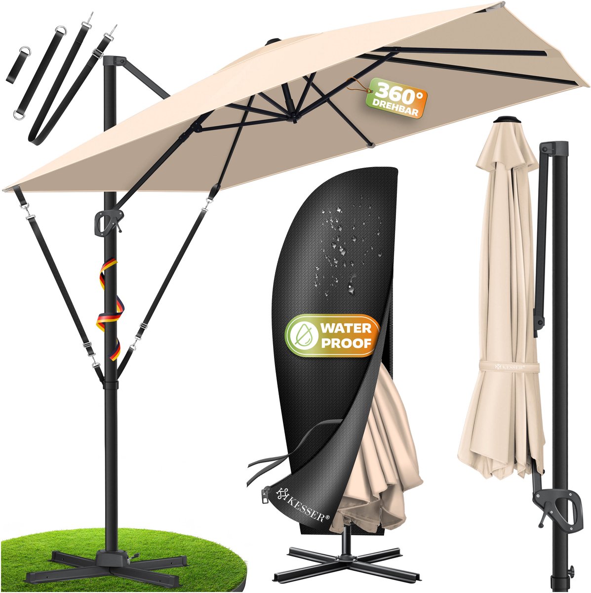 KESSER® Zweefparasol met voet 300cm x 300cm - Parasol 360° Draaibaar Incl. Beschermhoes UV50+ Tuinparasol - Beige (4260729116093)