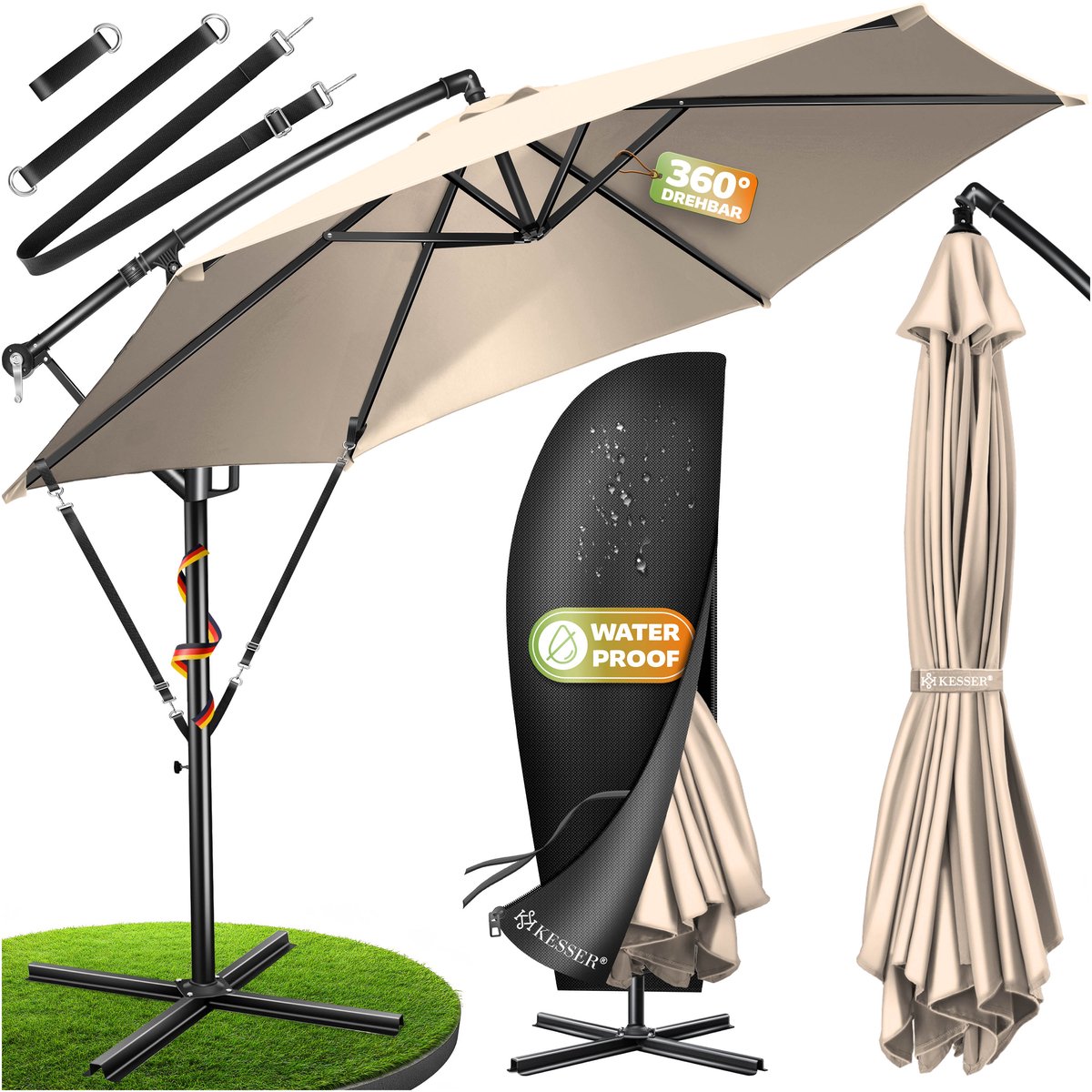 KESSER® Zweefparasol met voet 350cm x 350cm - Parasol 360° Draaibaar Incl. Beschermhoes Tuinparasol - Beige Ø 3,5m (4260598874629)