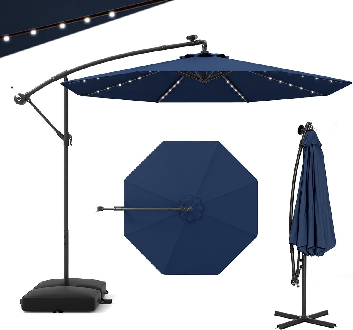 KOMFOTTEU Parasol 300 cm - zweefparasol Solar LED - met zandzakken - met verlichting - draaibaar - kantelbaar - tuinparasol - voor tuinen en balkons (0672669338048)