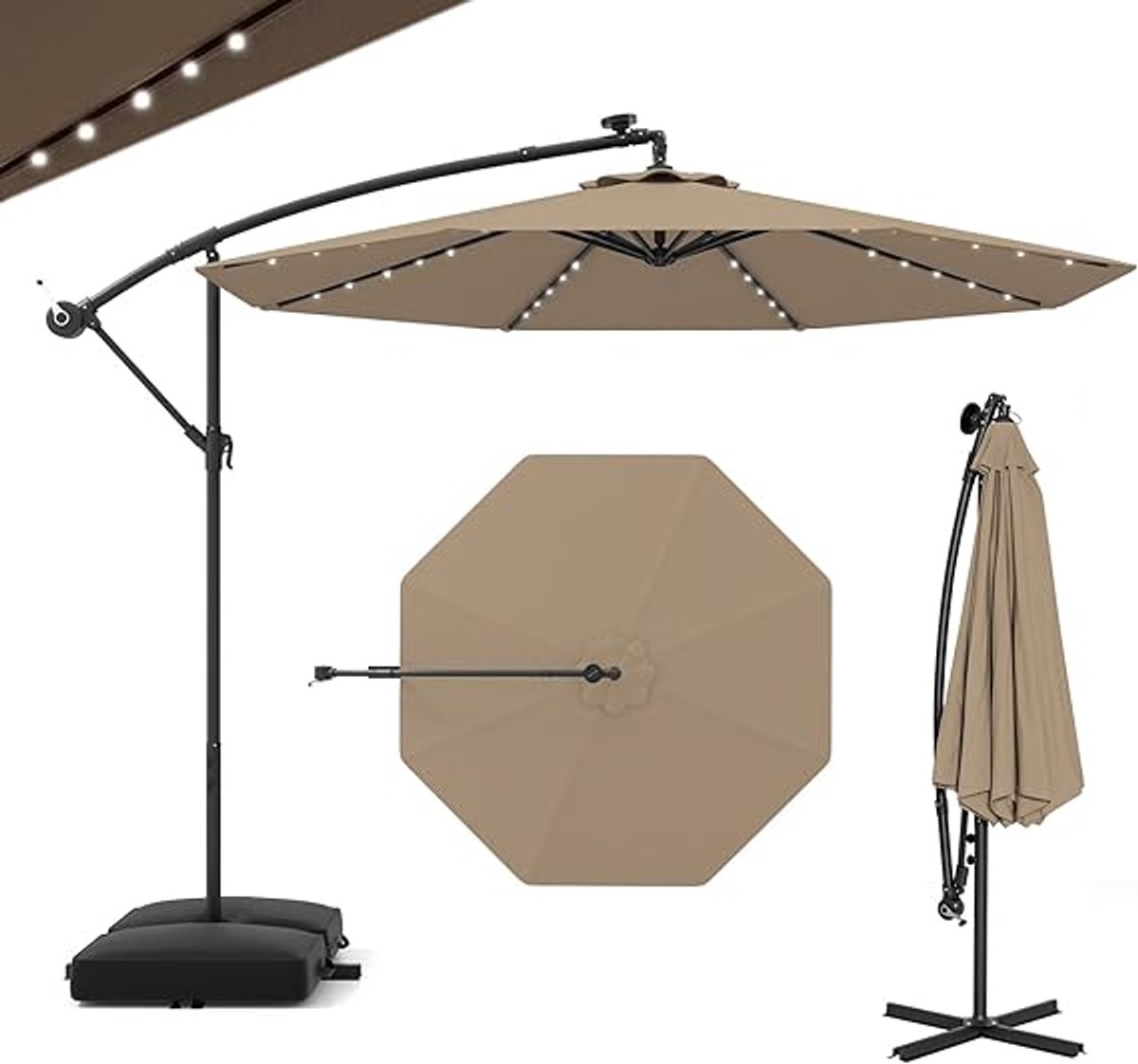 KOMFOTTEU Parasol 300 cm - zweefparasol Solar LED - met zandzakken - met verlichting - draaibaar - kantelbaar - tuinparasol - voor tuinen en balkons (0672669338024)