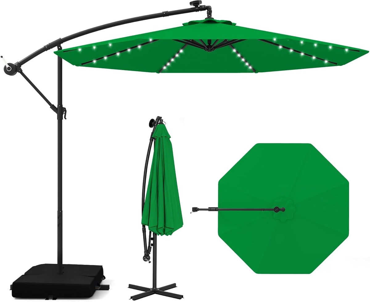 KOMFOTTEU Parasol 300 cm - zweefparasol Solar LED - met zandzakken - met verlichting - draaibaar - kantelbaar - tuinparasol - voor tuinen en balkons (0672669338031)