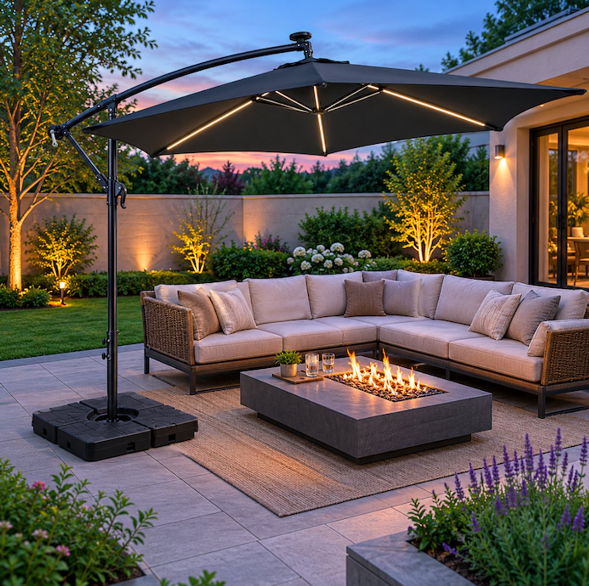 LED Zweefparasol 300 x 250 cm - Moderne Tuinparasol met Ingebouwde Verlichting - zwart (8721302490925)