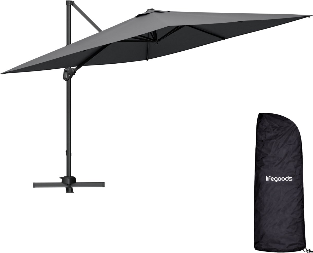 LifeGoods Zweefparasol - 294x294 cm - Kantelbaar - 6 Standen - Waterdicht - met Hoes - Antraciet (8721055564812)