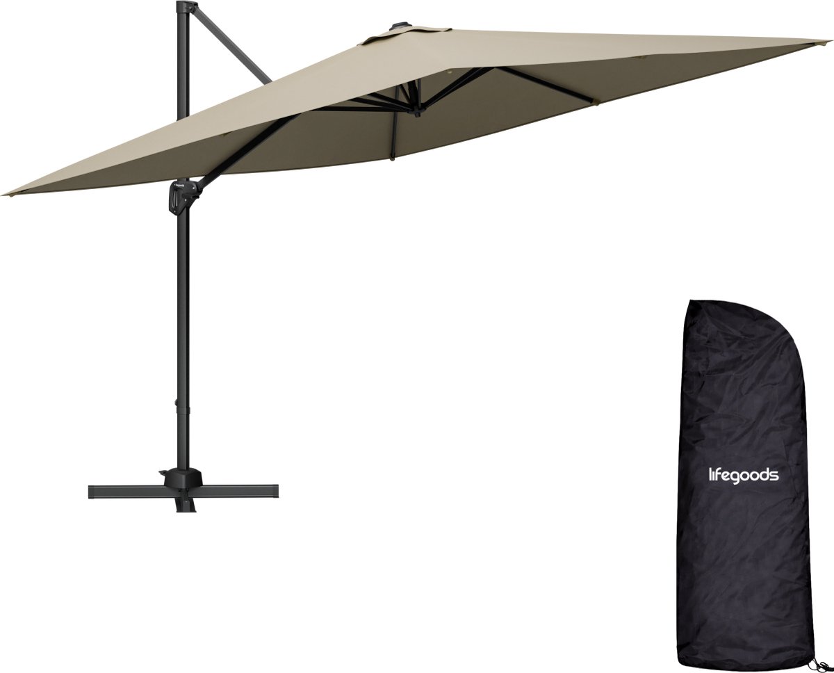 LifeGoods Zweefparasol - 294x294 cm - Kantelbaar - 6 Standen - Waterdicht - met Hoes - Taupe (8721055564829)