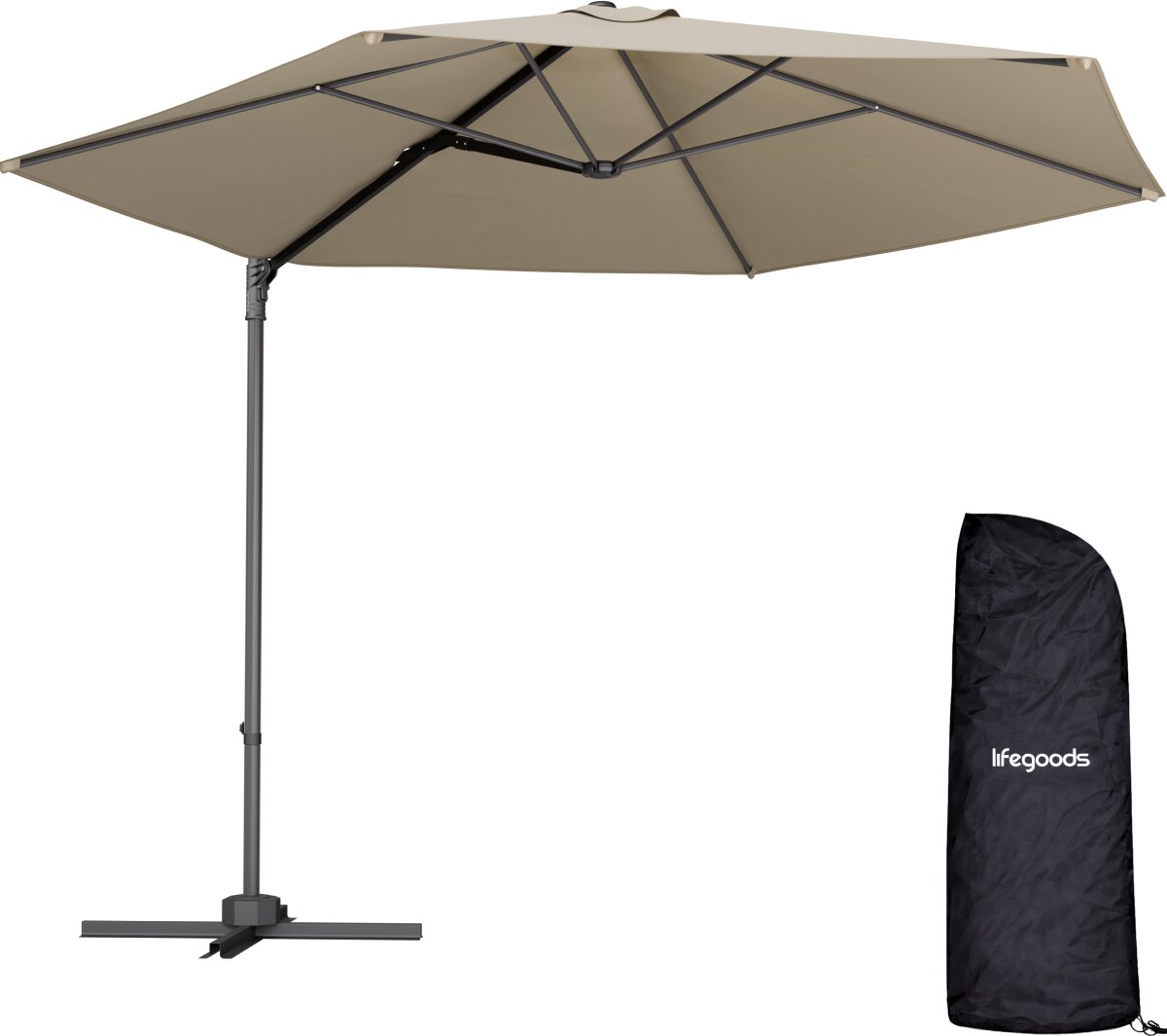 LifeGoods Zweefparasol - Ø294 cm - One-push Systeem - Waterdicht - met Hoes - Taupe (8721055564799)