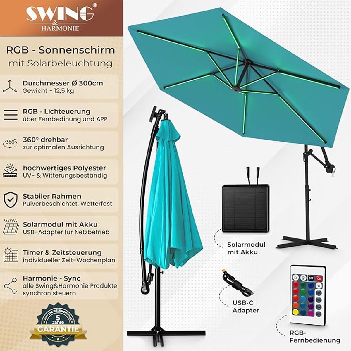 Lumina Royal RGB LED Zweefparasol Ø 300 cm - Luxe Hangparasol met App-bediening, Afstandsbediening en 16 Miljoen Kleuren (9509159431747)