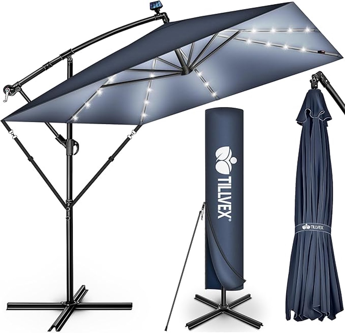 Luxe 360° Draaibare LED Zweefparasol 330 cm (235 x 235 cm) met Aluminium Frame, Kantelbaar 90-135°, Inclusief Parasolvoet & Waterdichte Hoes, UV50+ Zonbescherming (9501959912655)