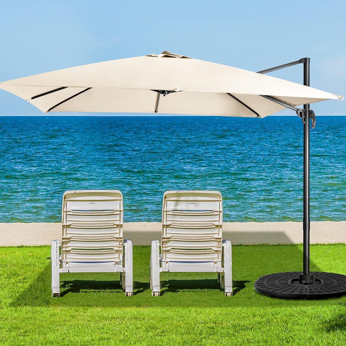 Luxe 360° Draaibare Zweefparasol 300x300 cm Vierkant met Kantelfunctie, UV-Bescherming en Crank - Grote Waterdichte Tuinparasol voor Terras, Balkon en Horeca - Beige (9502771871113)