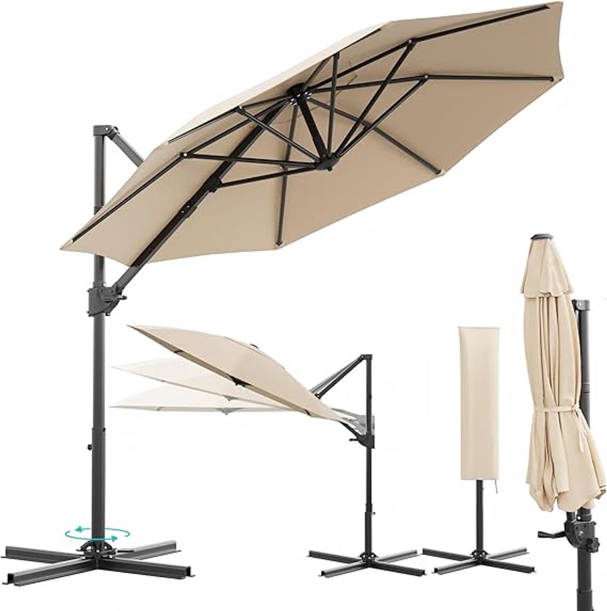 Luxe Double Top Zweefparasol 300 cm - 360° Draaibaar & UV-Bestendig - Inclusief Beschermhoes - Antraciet (9505471875351)