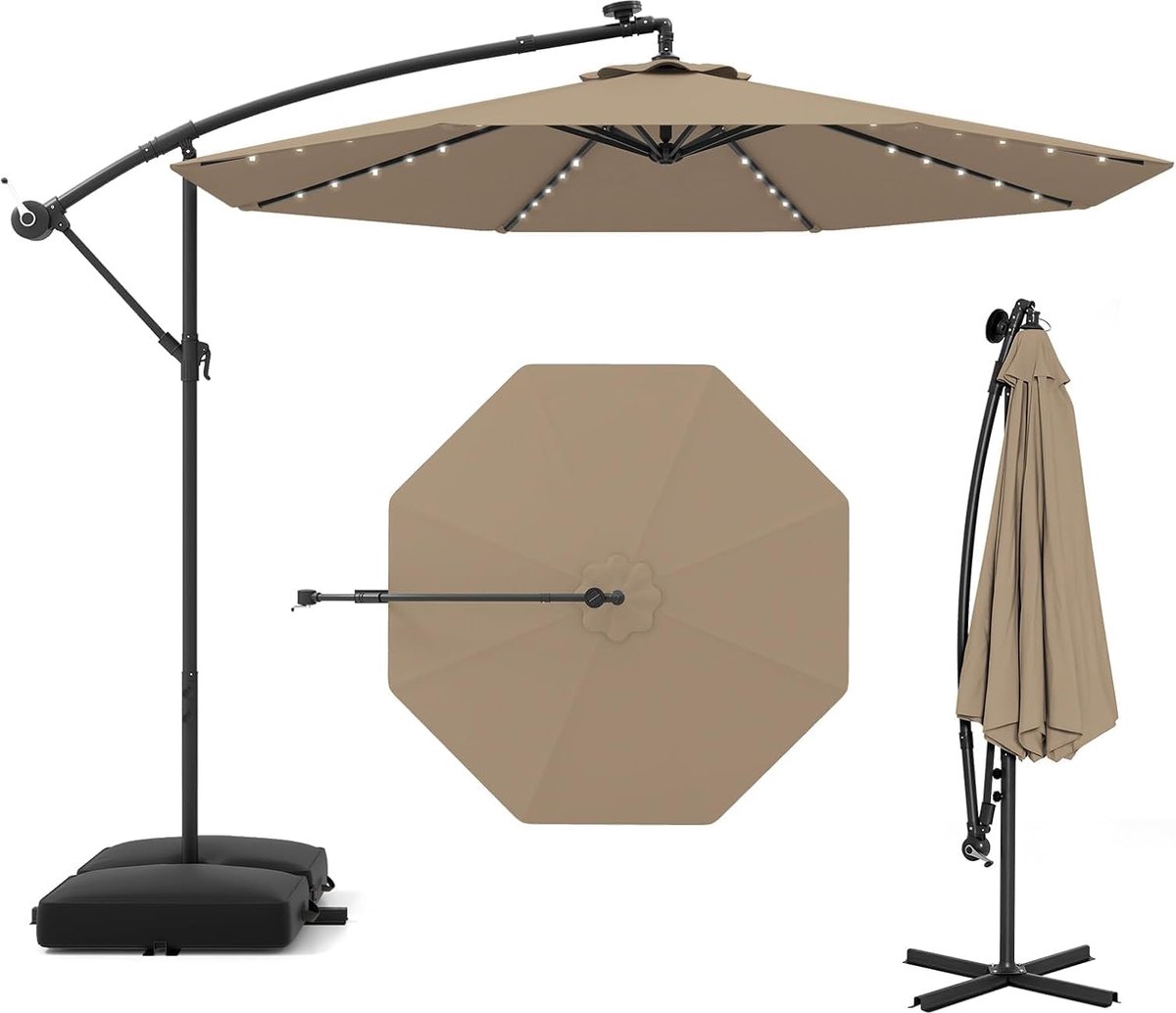 Luxe Kantelbare Zweefparasol 300 cm met 40 LED Zonneverlichting en Zandzakken - Tuinparasol met Crank Mechanisme, UV Bescherming en Metalen Frame (9502123662666)