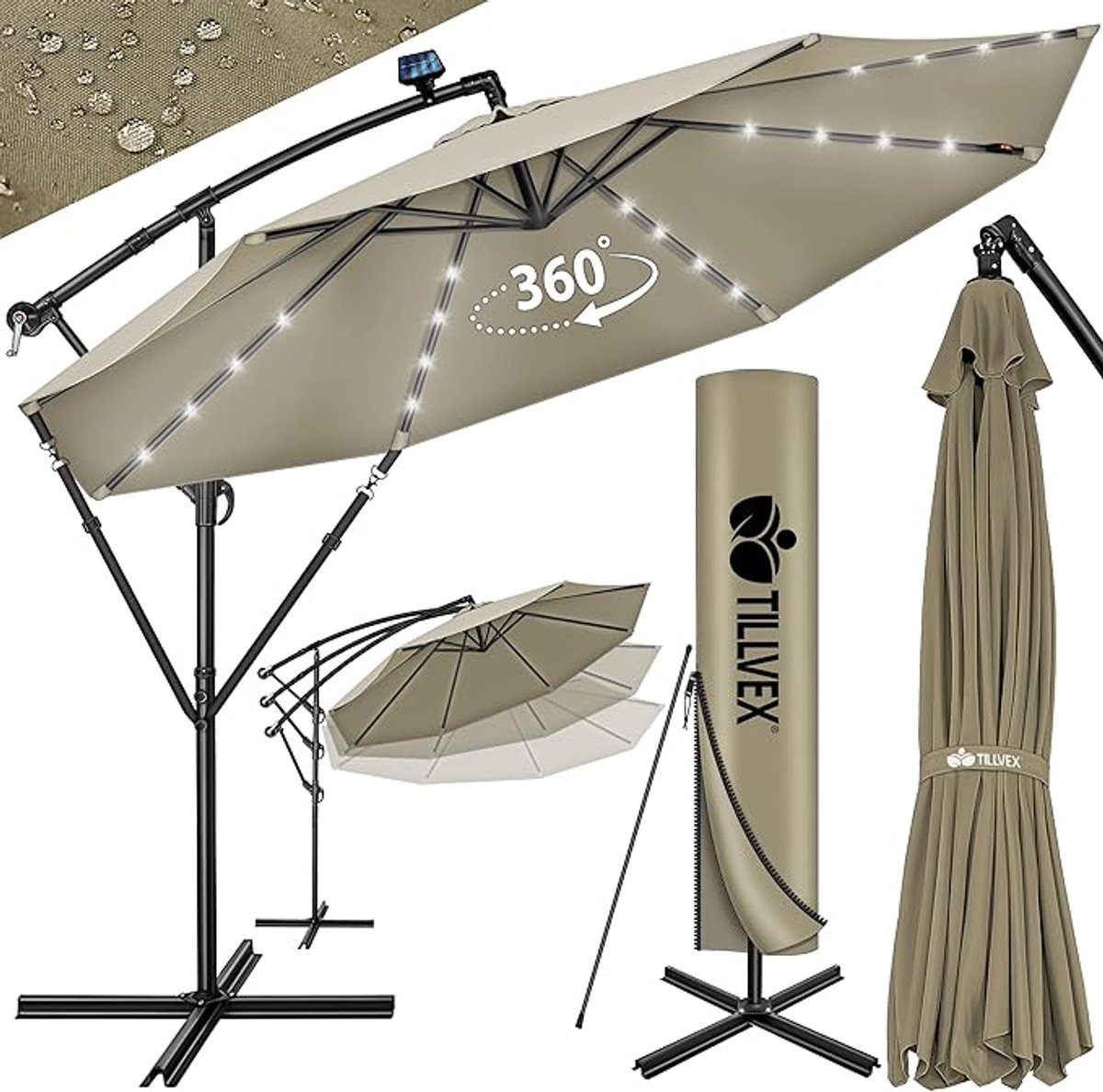 Luxe Solar LED Zweefparasol Ø300 cm met 32 Warm Witte LED Lampen, Aluminium Frame, 360° Kantelbaar met Draaihendel, UV50+ Waterafstotend Tuinparasol met Voet (9503666475461)